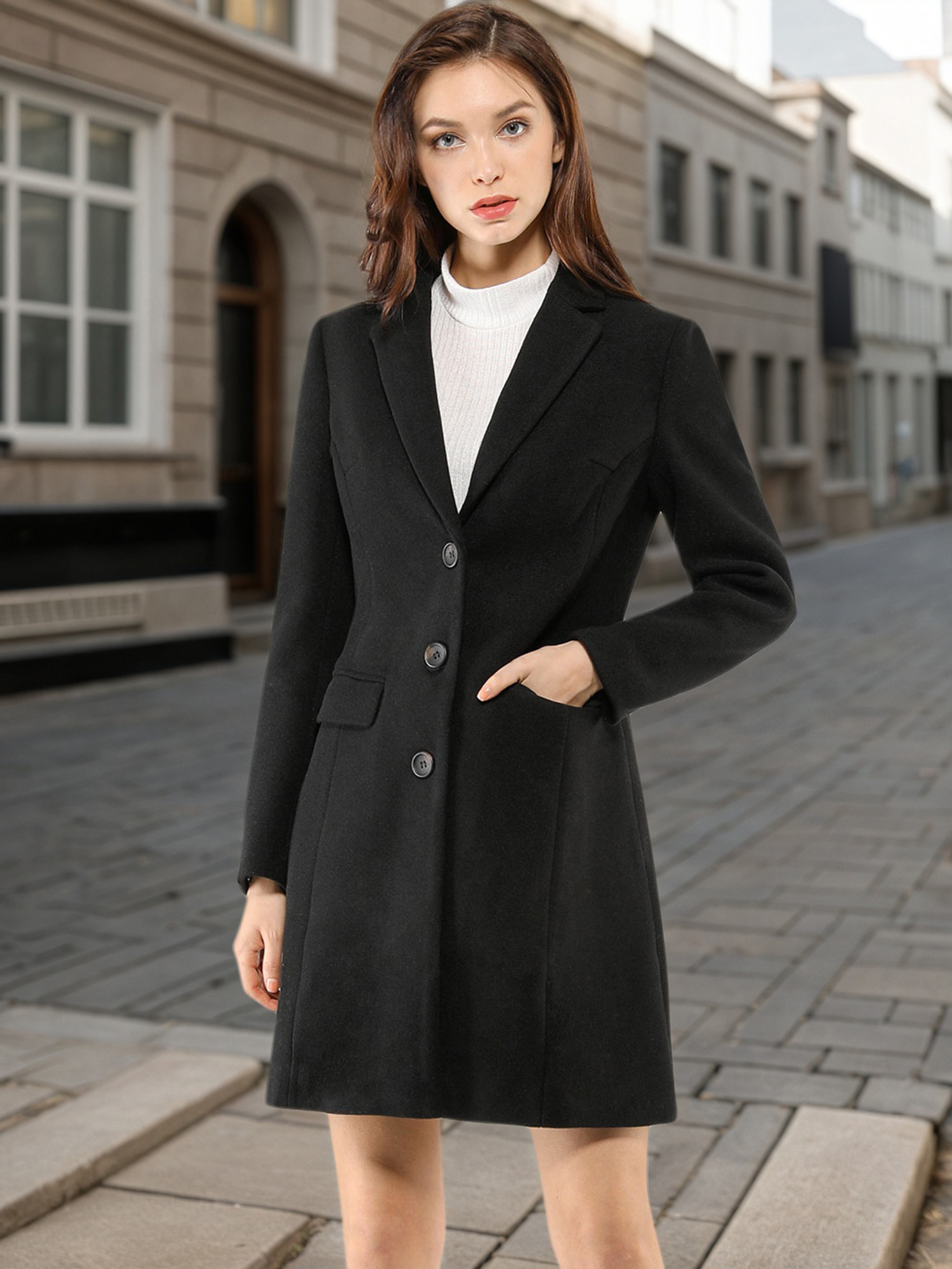 Notched Lapel Single Breasted Outwear Winter Pea Coat Blacks/XS