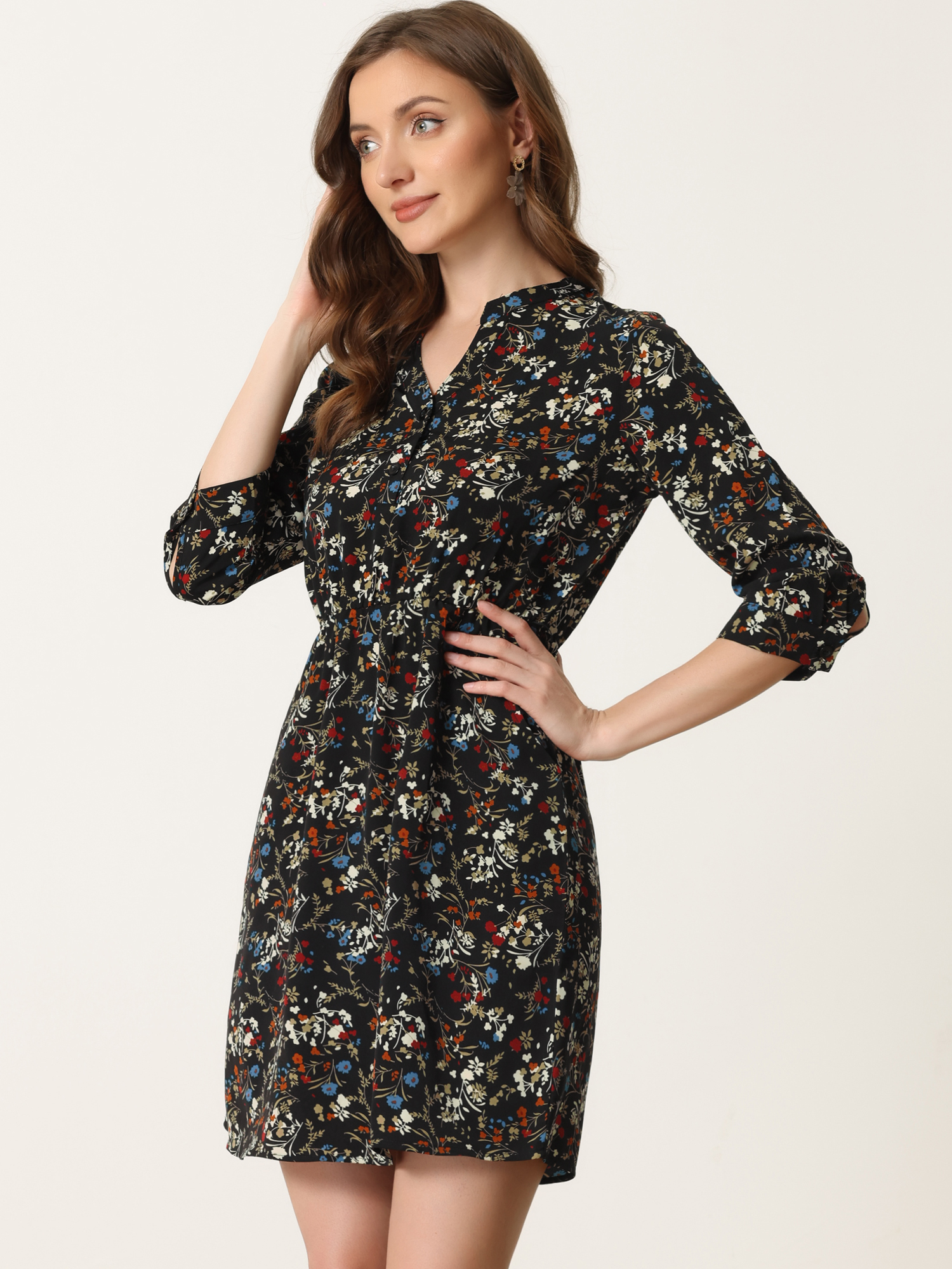 Button-Up V Neck 3/4 Sleeve Floral T-Shirt Dress with Pockets Black/XS