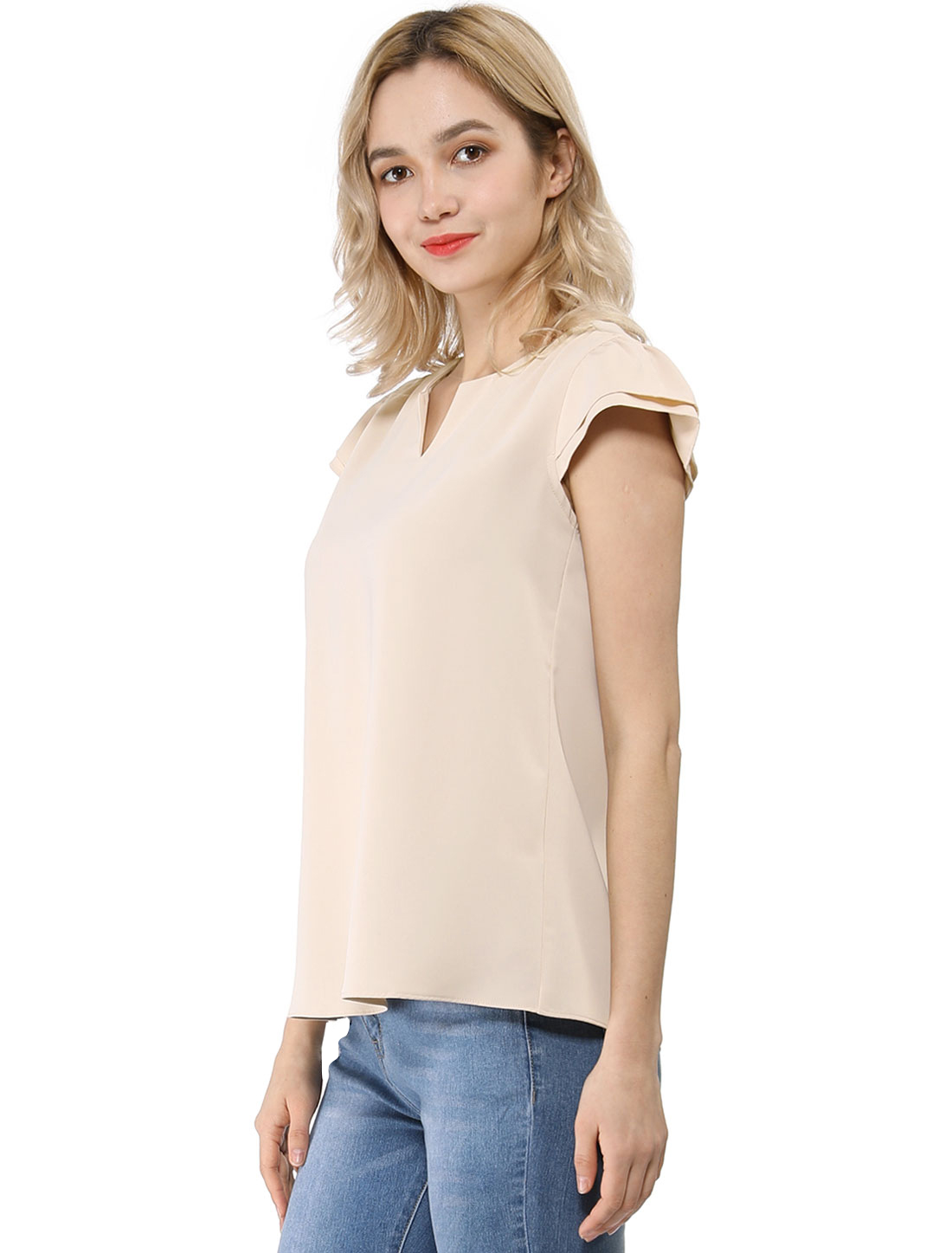 Work Business Casual Plain Cap Sleeve Blouse Top Beige/XS