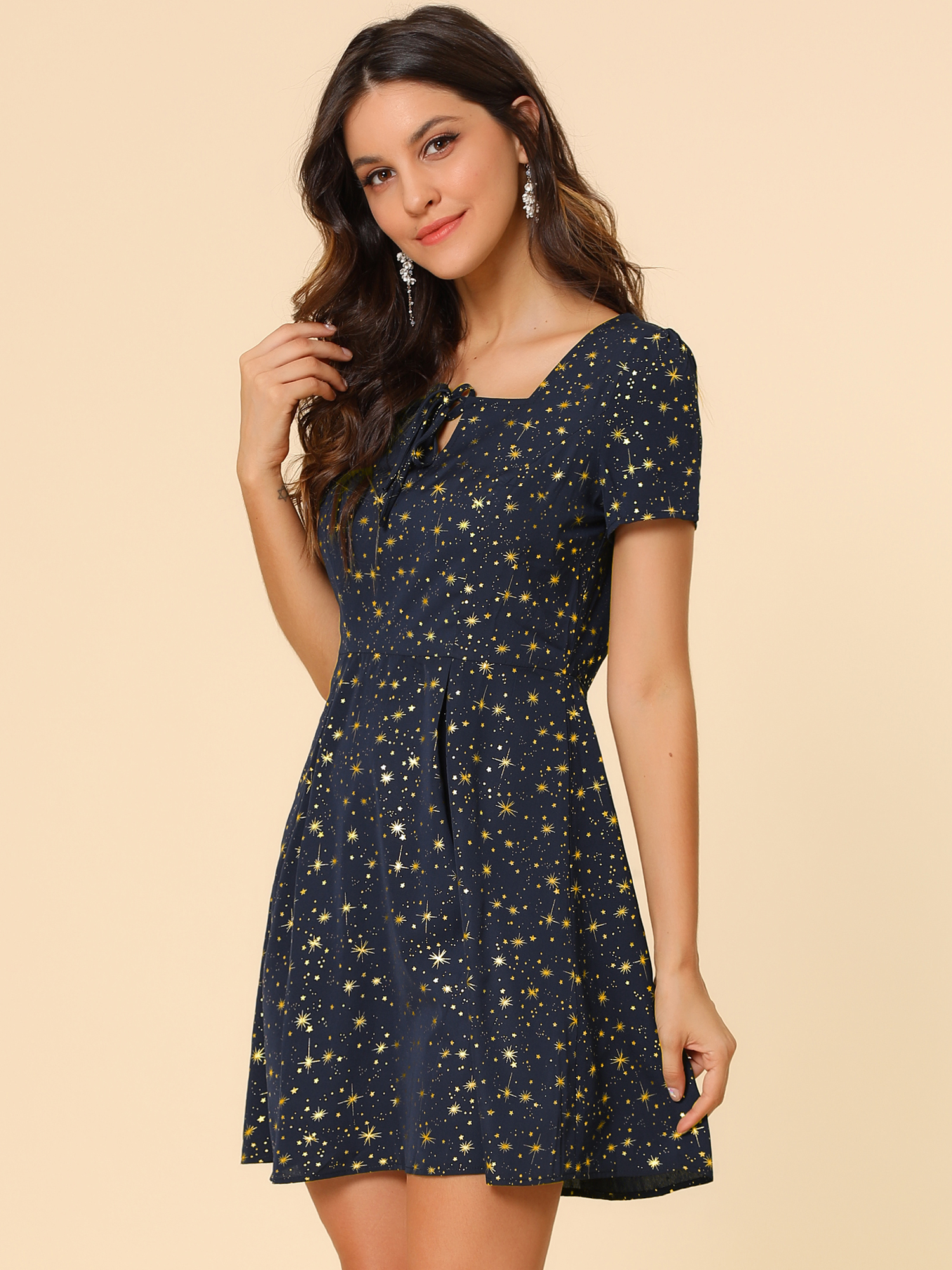 Printed Casual Square Neck Short Sleeve Fit and Flare Dress Blue-Stars/M