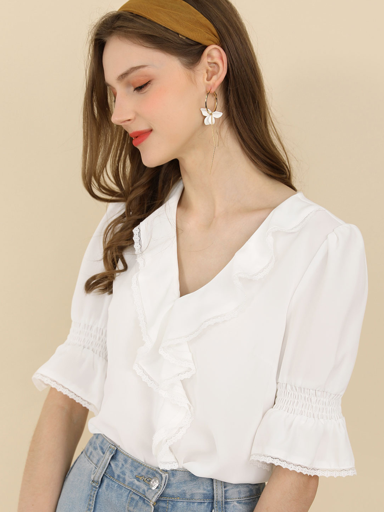 Ruffle Puff Sleeve Lace Trim Chiffon Peasant Blouse White/XL