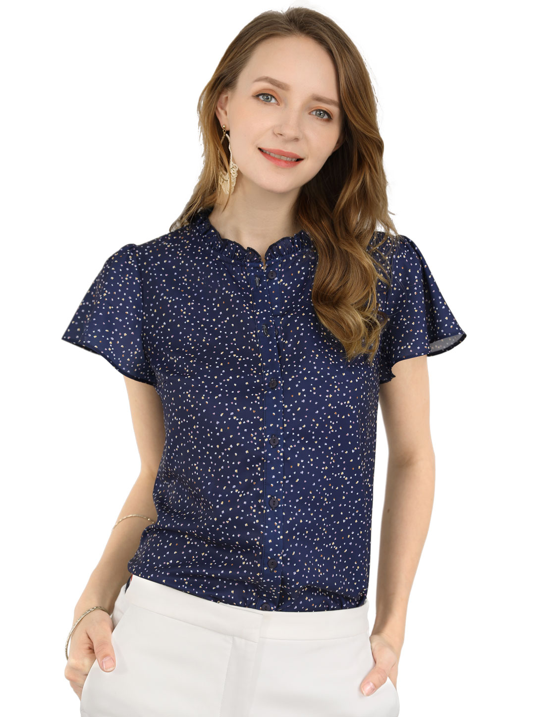 Ruffle Summer Dots Print Retro Short Sleeve Button Blouse Navy Blue/M