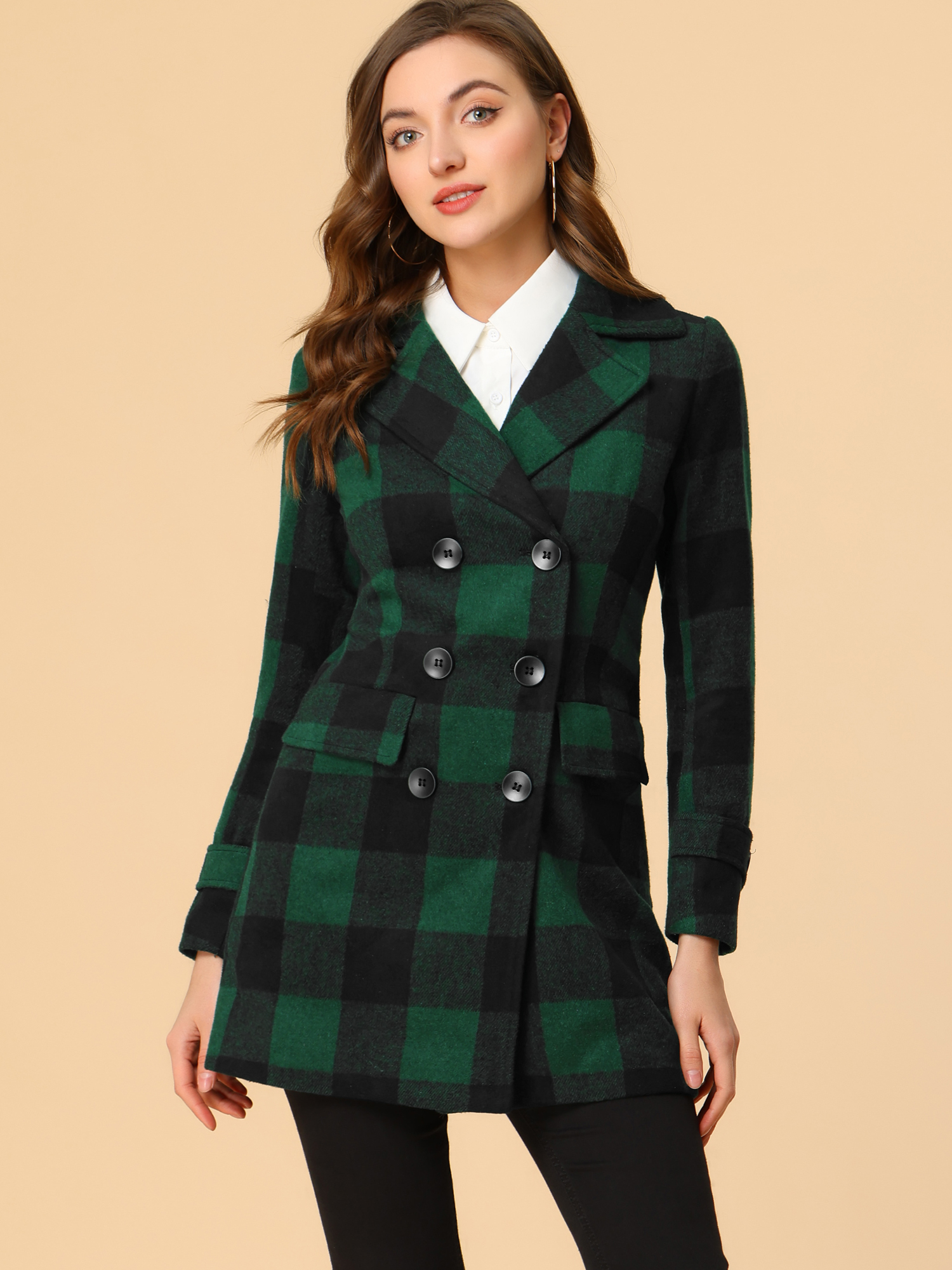 Buffalo Checks Double Breasted Notched Lapel Plaid Trench Pea Coat Green/XS