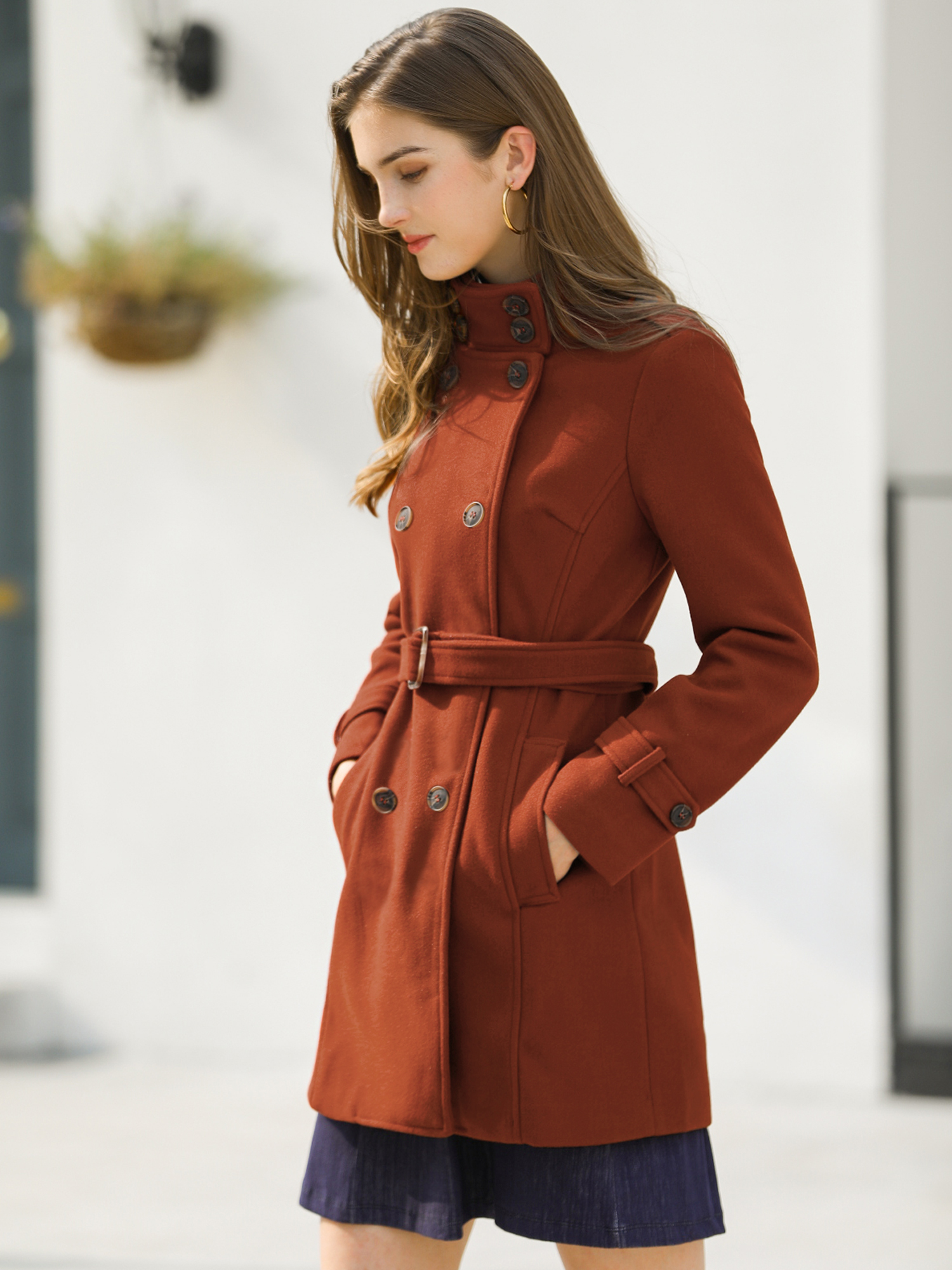 Stand Collar Double Breasted Trendy Belted Winter Coat Brown/XL