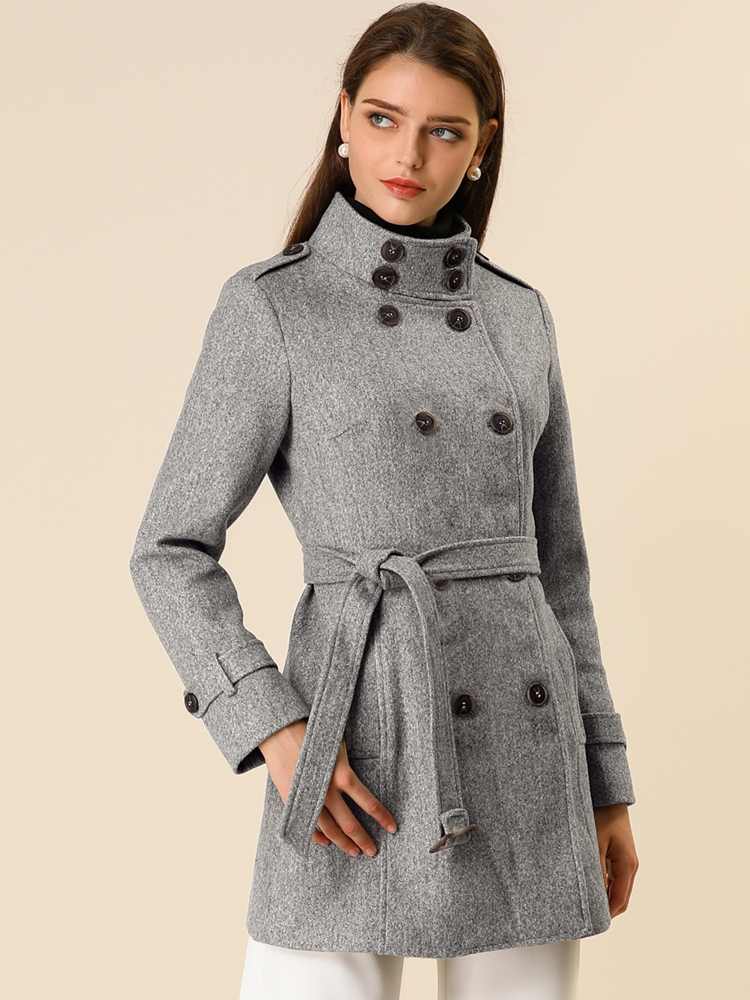 Stand Collar Double Breasted Trendy Belted Winter Coat Gray/M