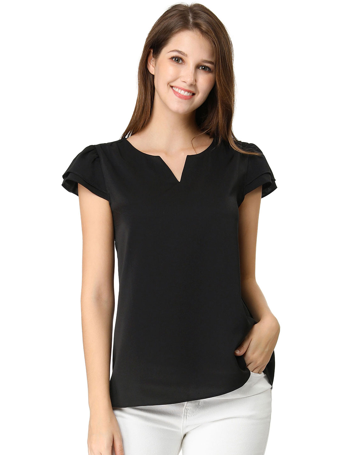 Work Business Casual Plain Cap Sleeve Blouse Top Black/L