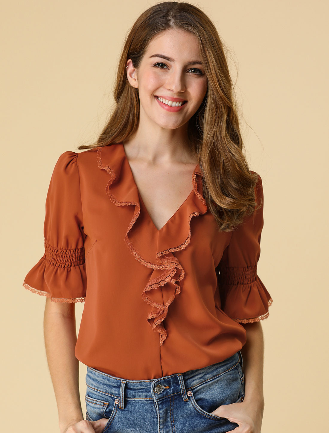 Ruffle Puff Sleeve Lace Trim Chiffon Peasant Blouse Brown Red/S