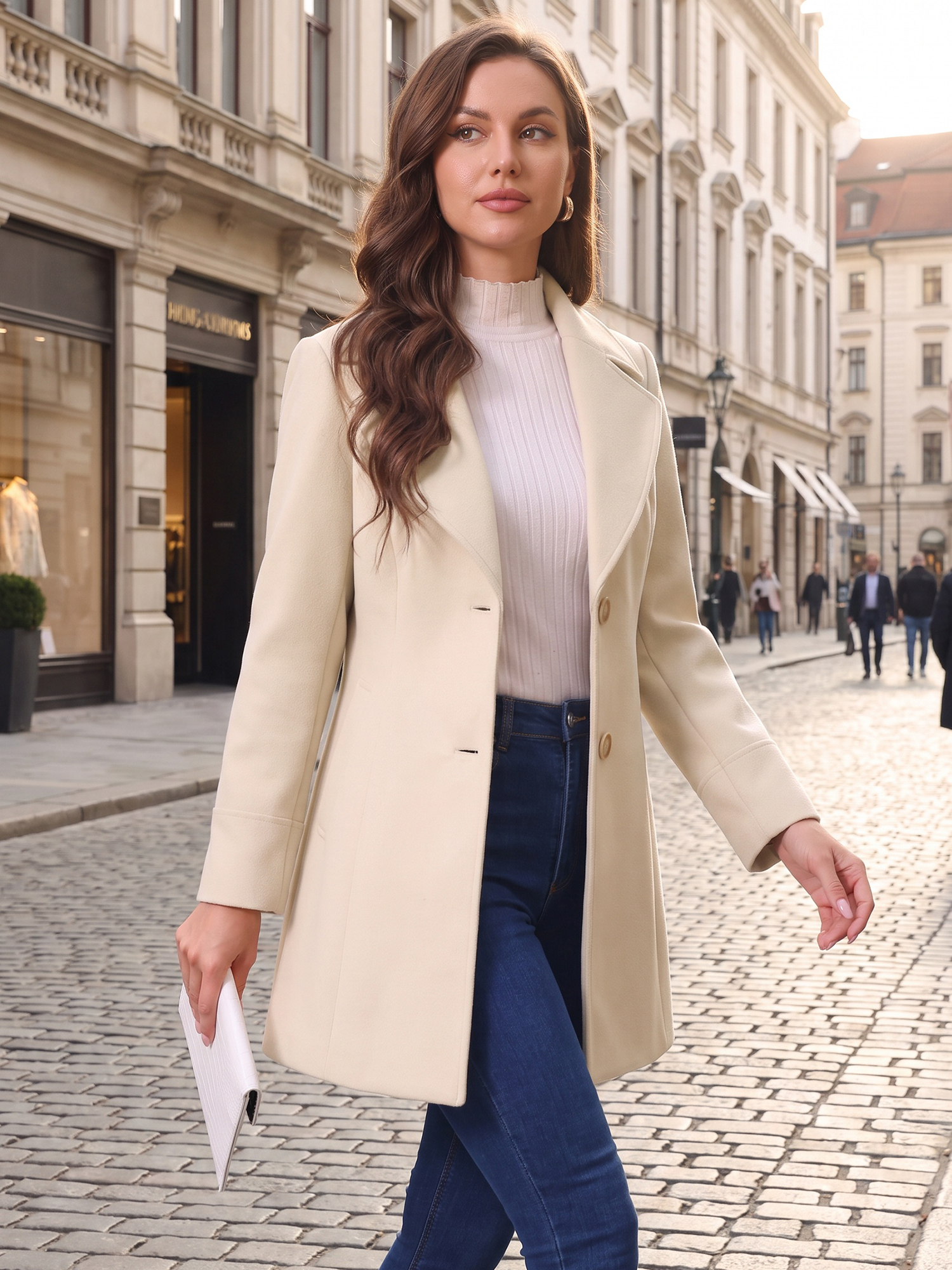 Allegra – Elegant Notched Shawl Collar Single Breasted Winter Long Coat Beige/XS