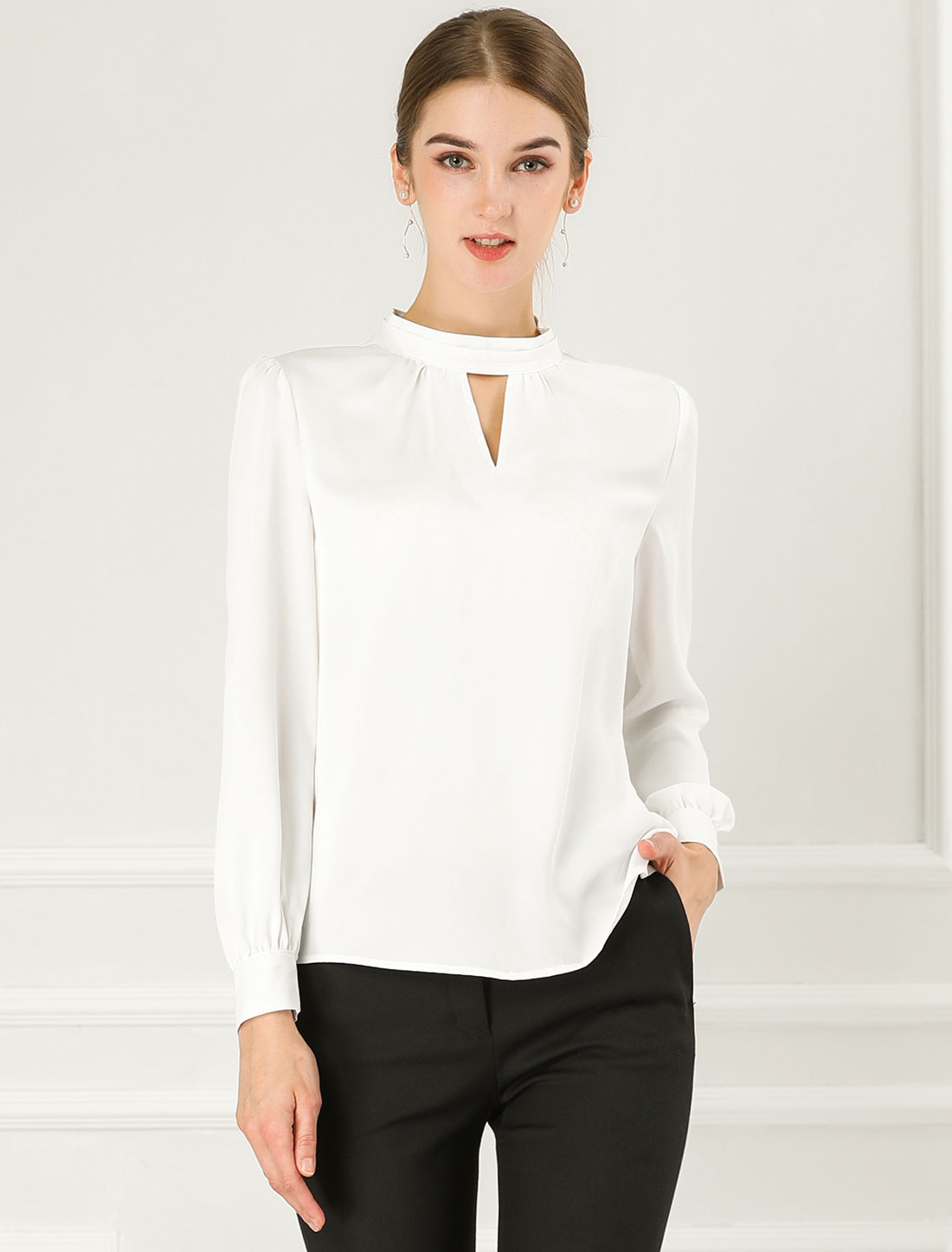 Keyhole Elegant Stand Collar Long Sleeve Chiffon Office Blouse White/M