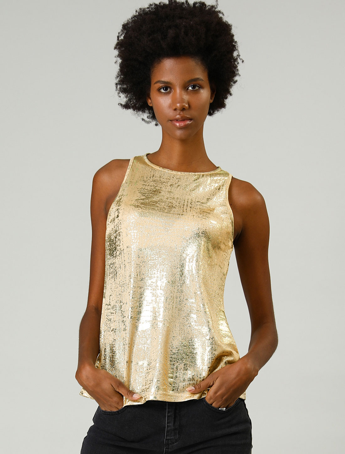 Shiny Sleeveless Camisole Club Shimmer Metallic Tank Top Gold/S