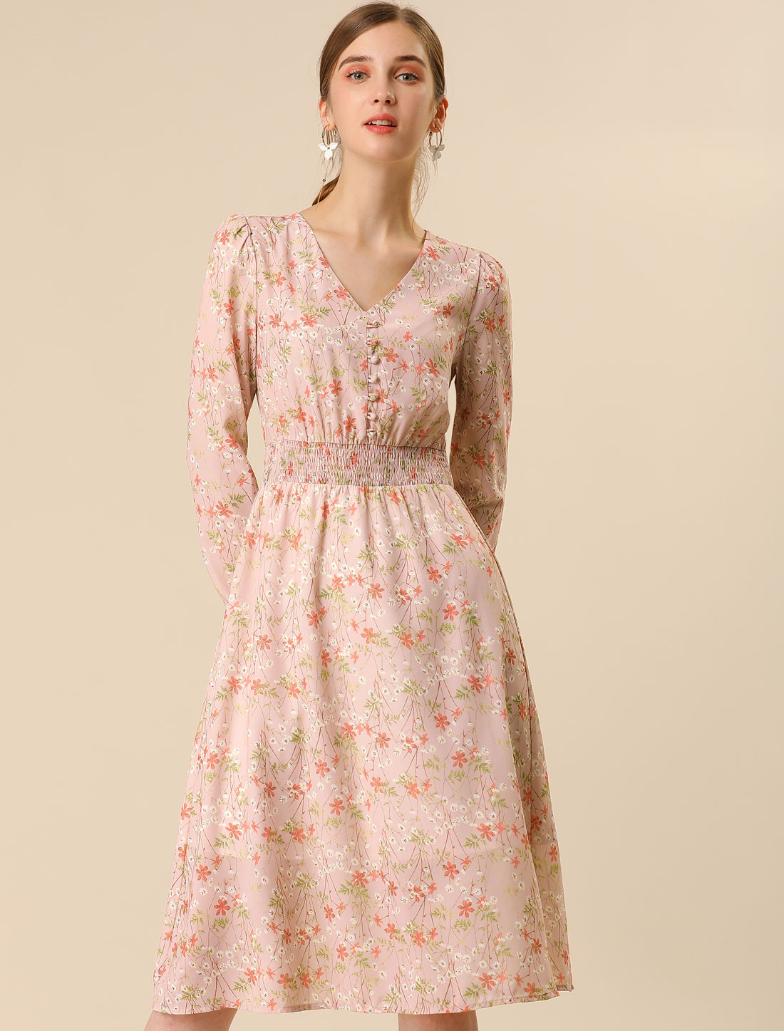 Floral Print V-Neck Long Sleeve Smocked Waist Midi Dress Pink/M