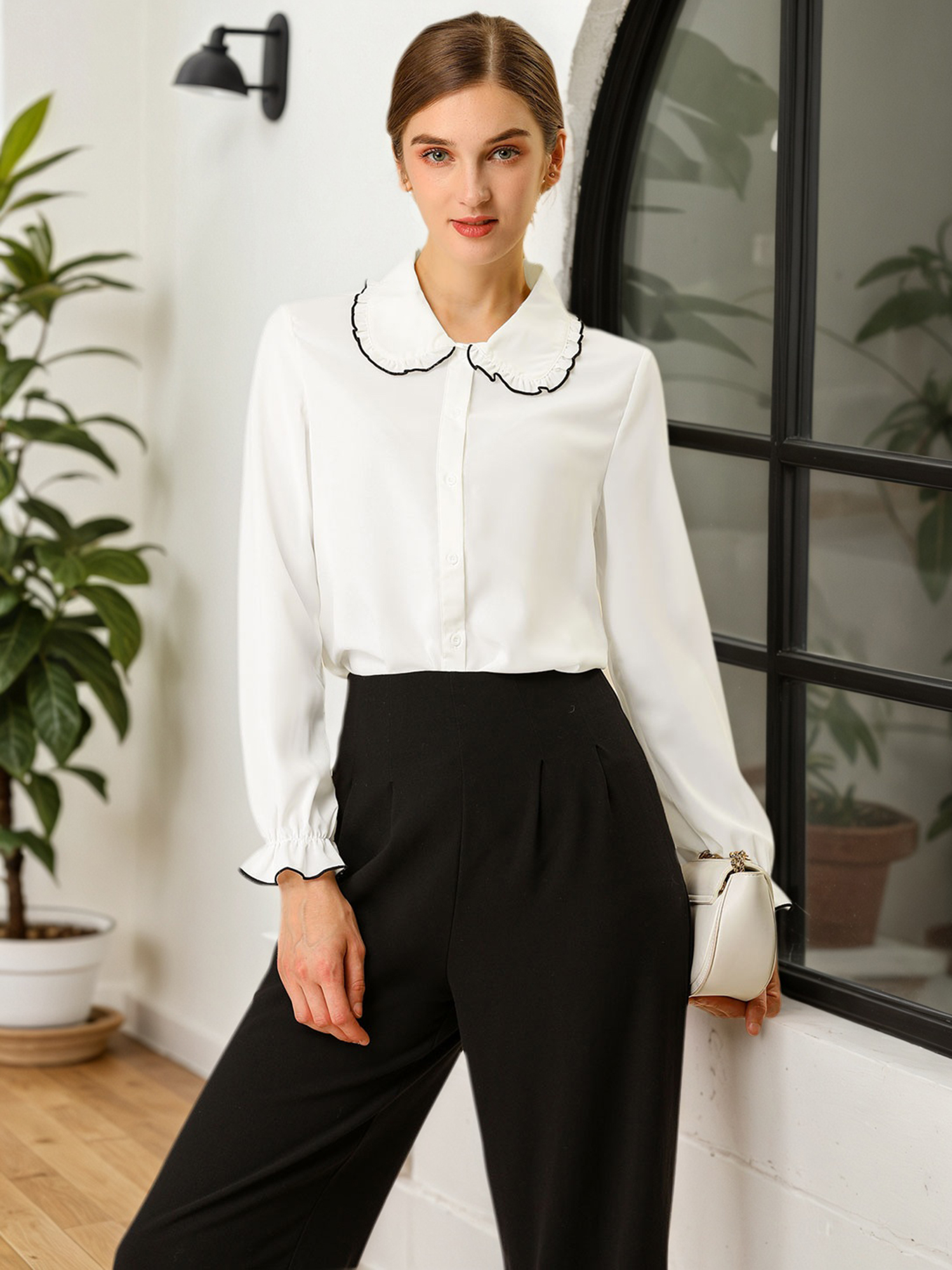 Sweet Ruffle Peter Pan Collar Long Sleeve Button Up Shirt White/M