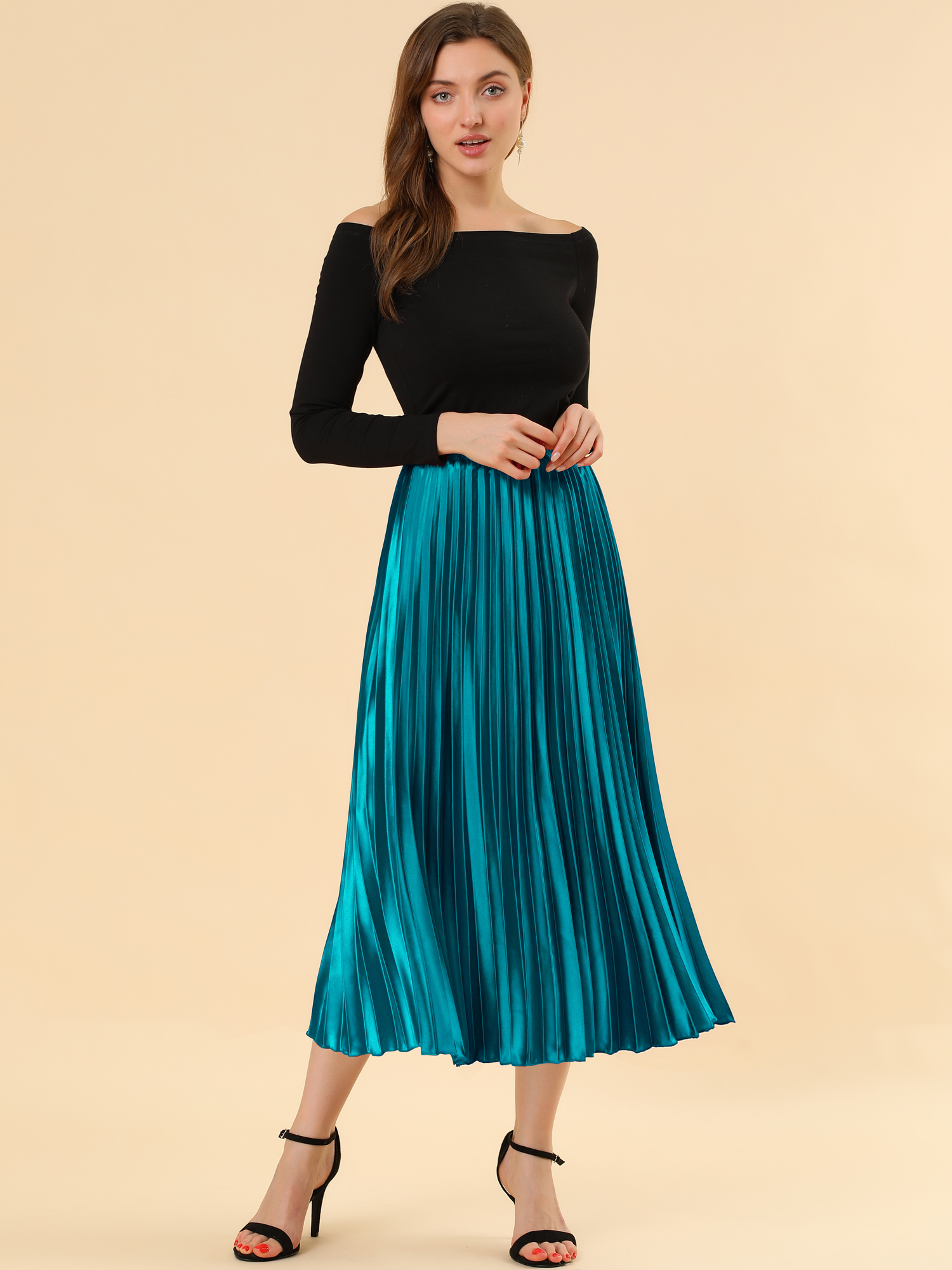 Party Elastic Waist Metallic Shiny Pleated Midi Skirt Peacock Blue/M