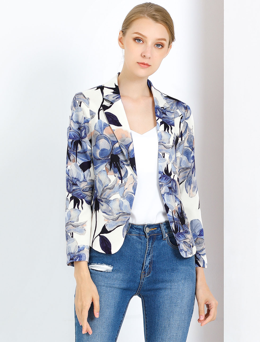 Open Front Floral Work Business Crop Blazer Jacket White Blue-Floral/XL