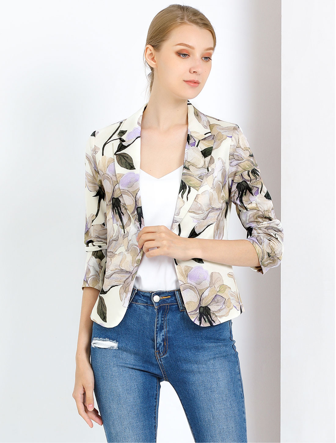 Open Front Floral Work Business Crop Blazer Jacket Beige Purple-Floral/L