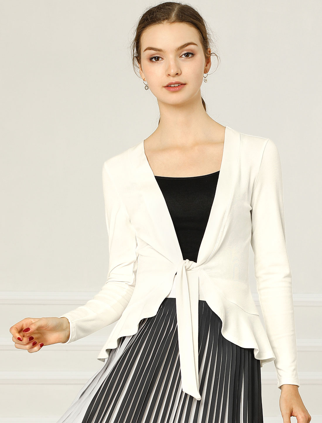 Women's Tie Front Knit Ruffled Long Sleeve Open Cardigan White/XS