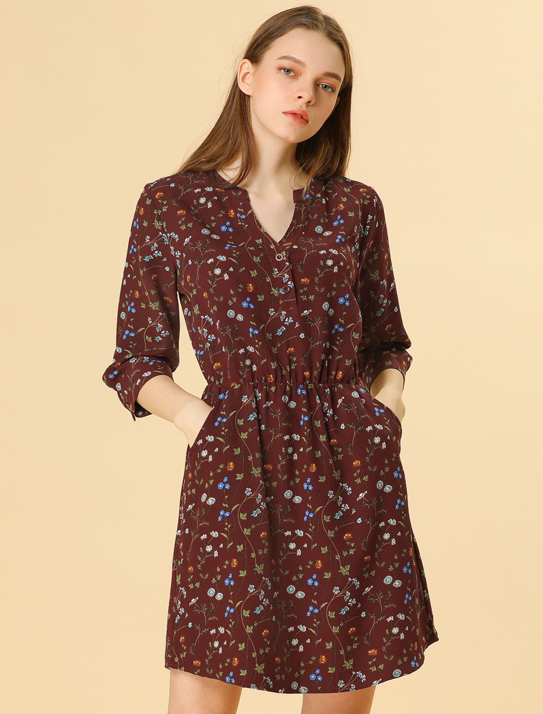 Button-Up V Neck 3/4 Sleeve Floral T-Shirt Dress with Pockets Purplish Red/XL