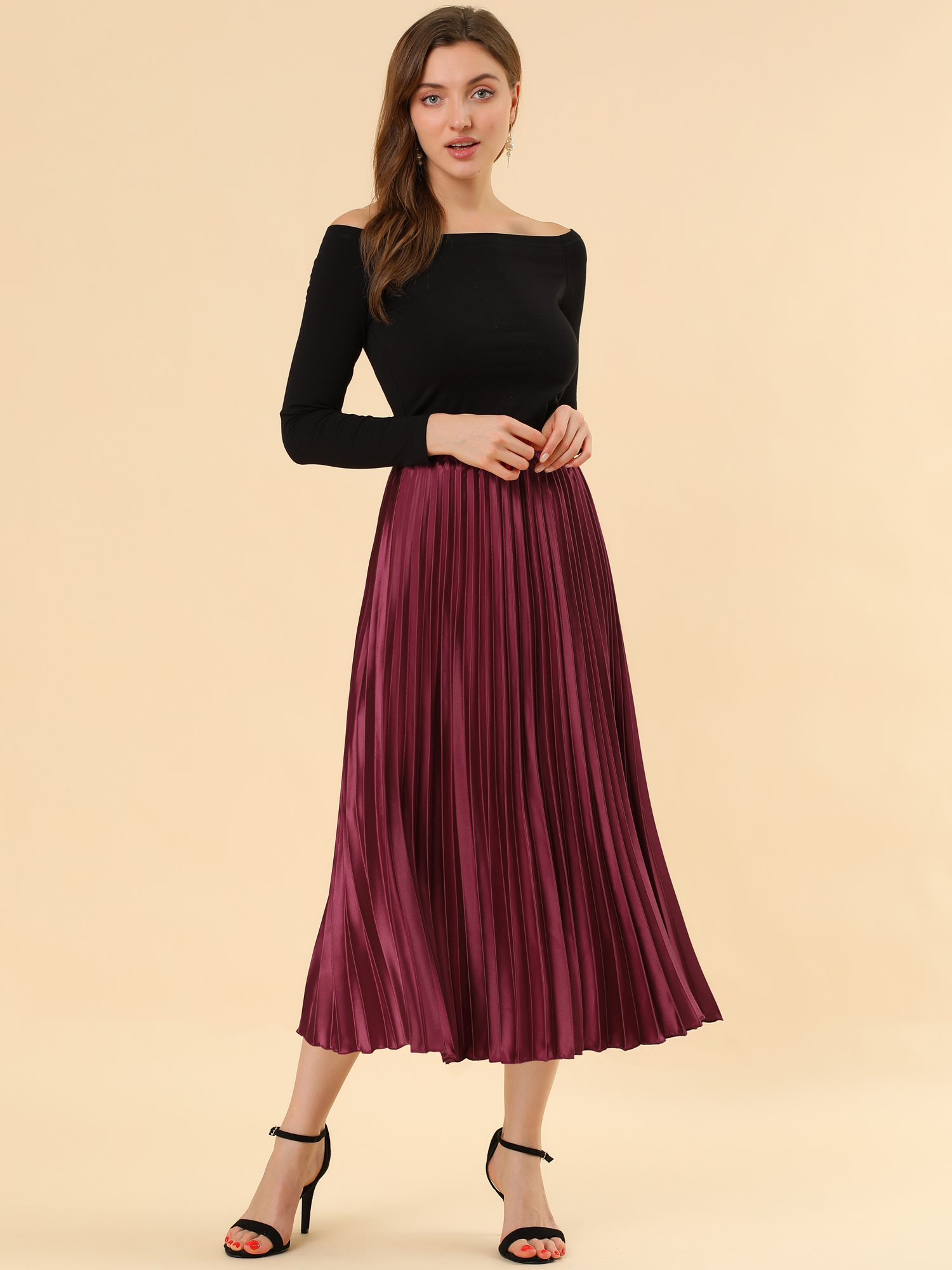 Party Elastic Waist Metallic Shiny Pleated Midi Skirt Burgundy/XS