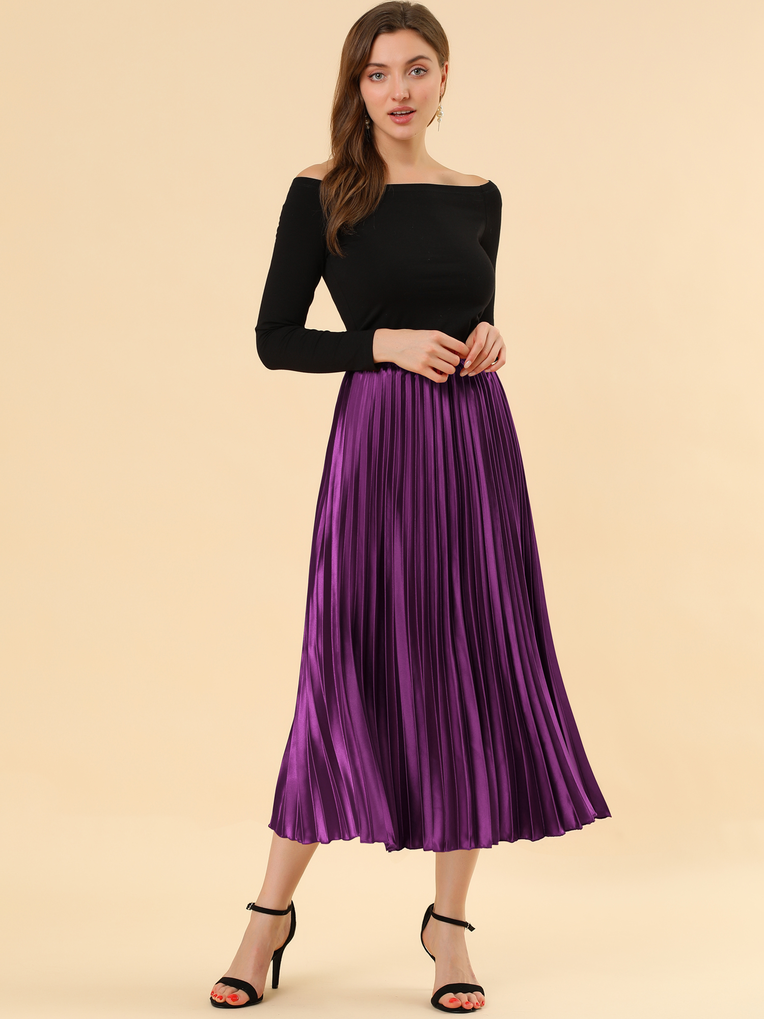 Party Elastic Waist Metallic Shiny Pleated Midi Skirt Purple/M
