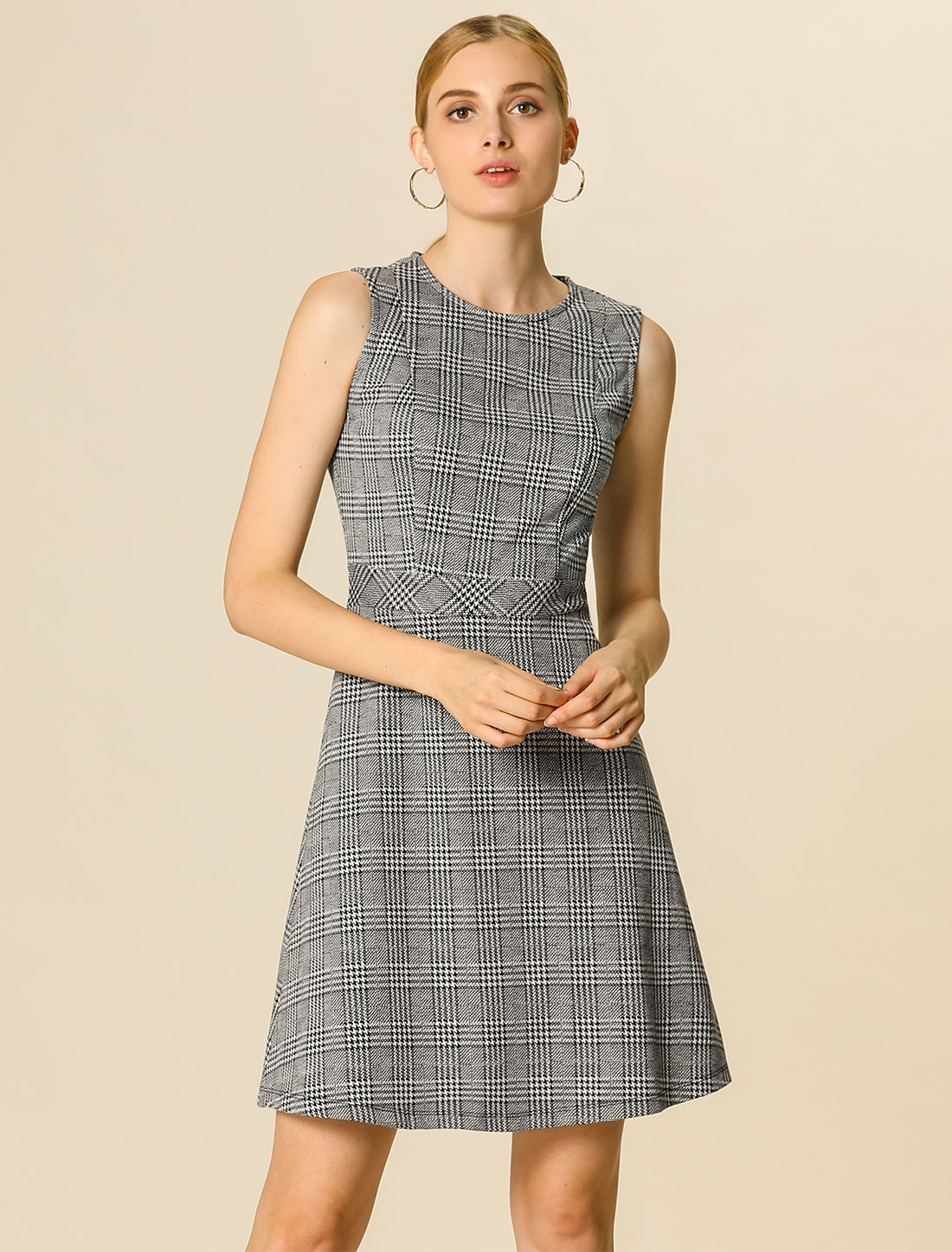 Plaid Sleeveless Fit and Flare Houndstooth Work Dress White Black/M