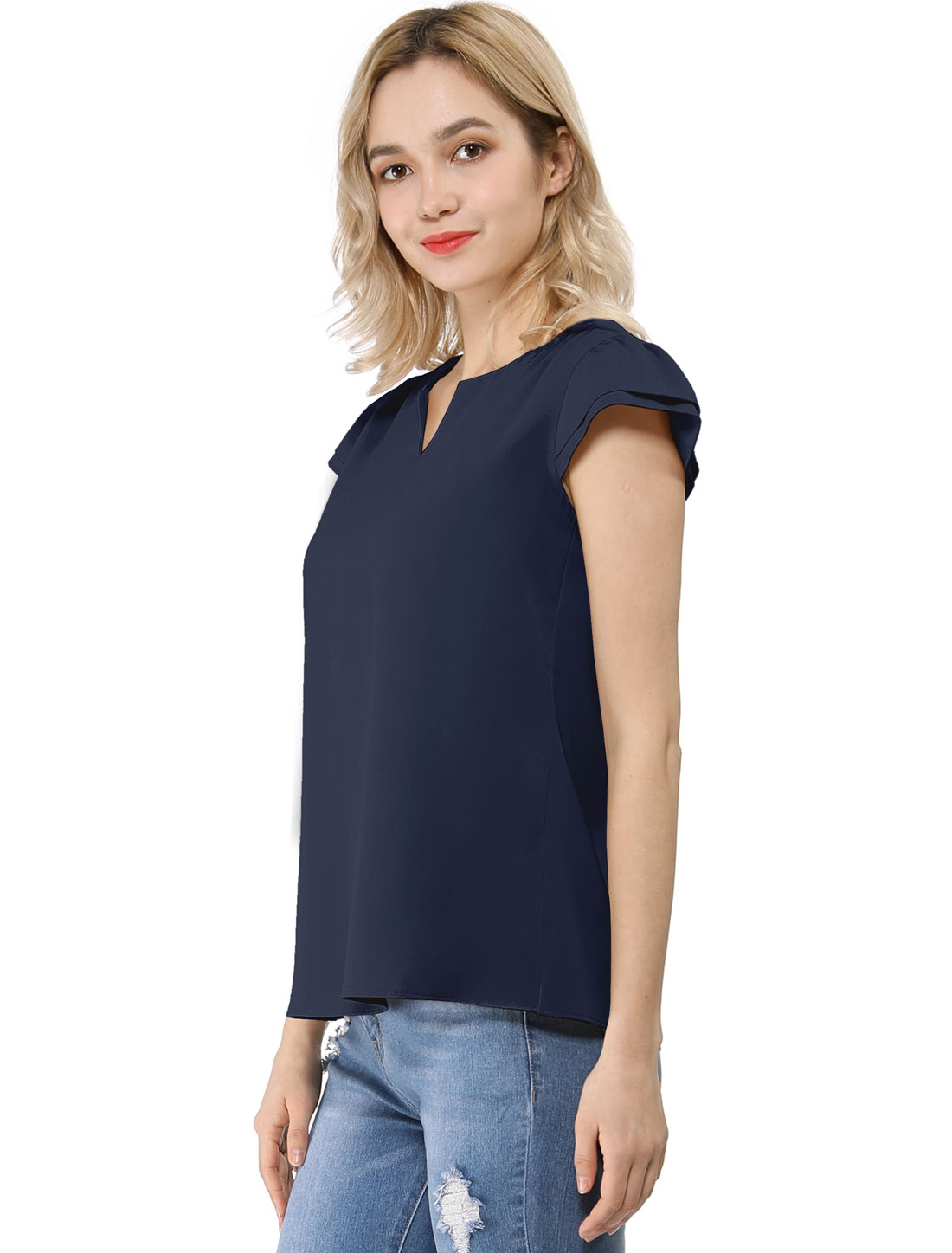 Work Business Casual Plain Cap Sleeve Blouse Top Dark Blue/XL