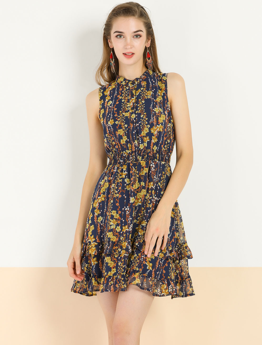 Floral A-line Smocked Waist Tiered Ruffled Chiffon Mini Dress Navy Blue/S