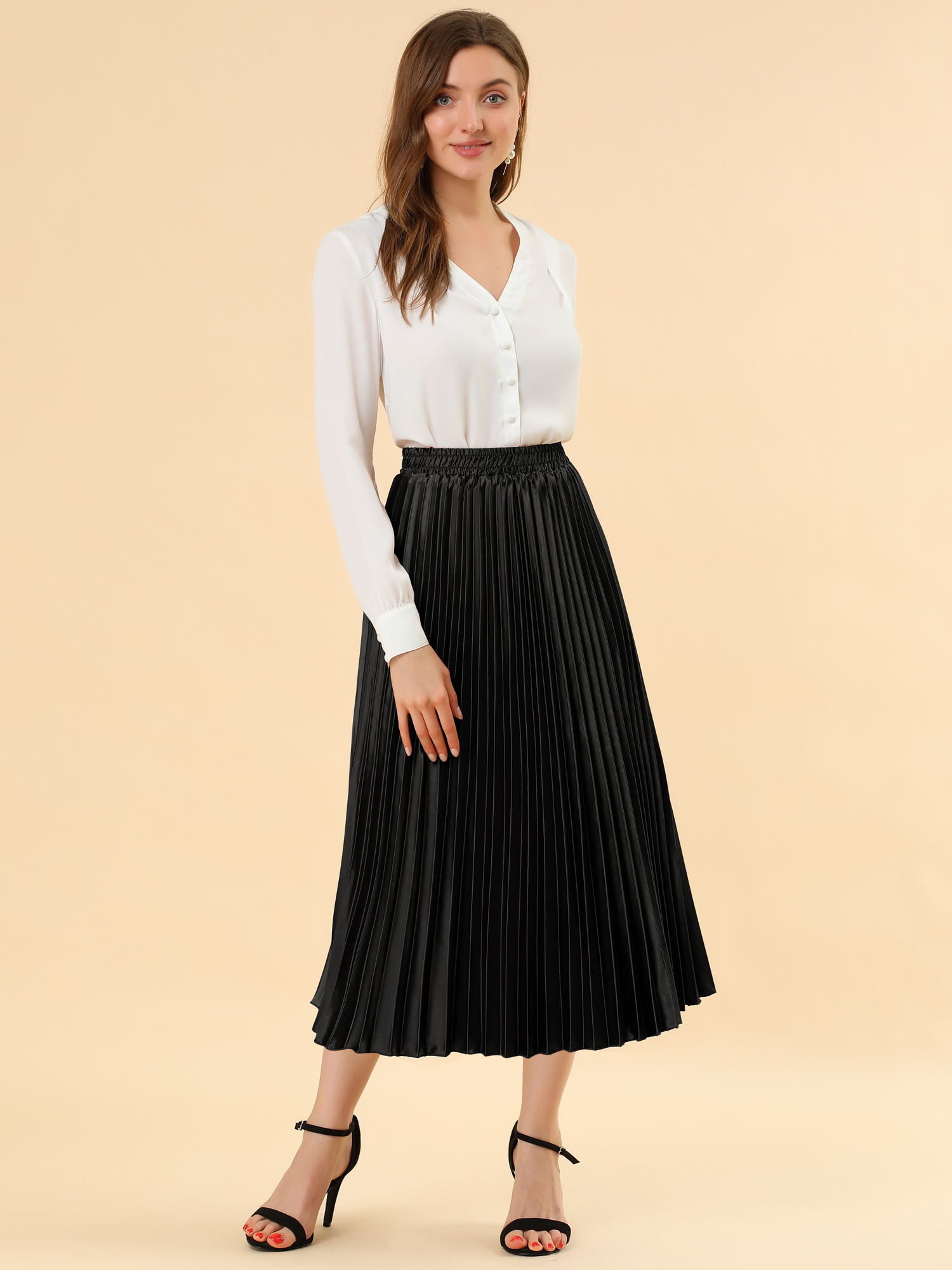 Elastic Waist Metallic Shiny Accordion Pleated Midi Skirt Black/XL