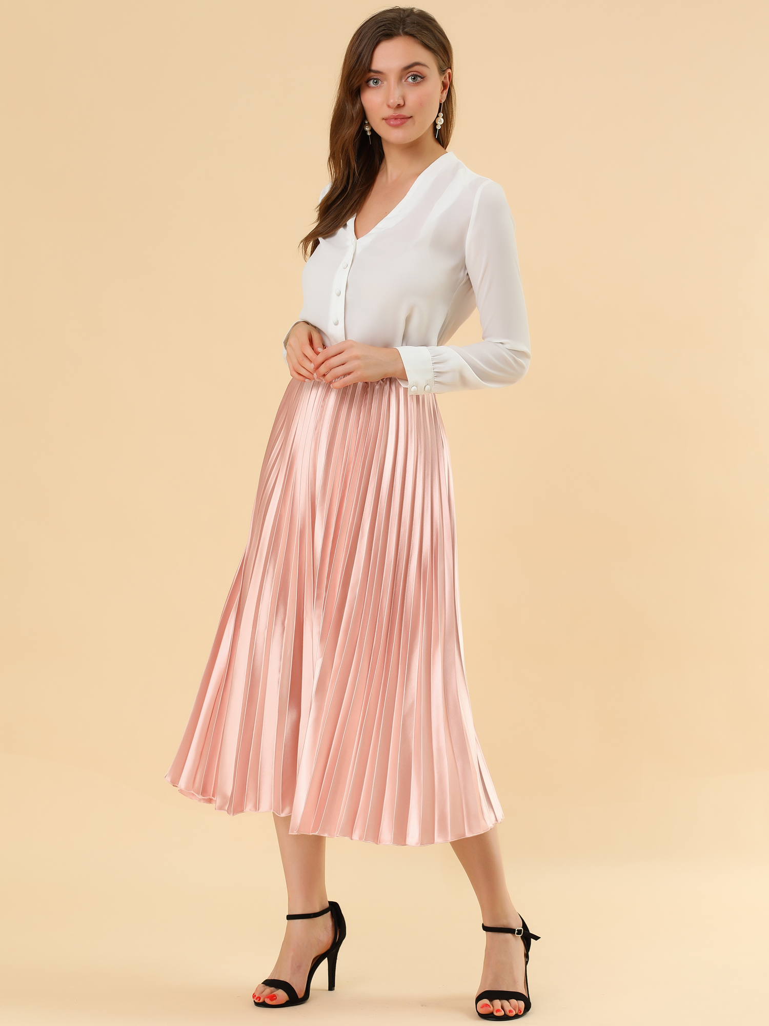Party Elastic Waist Metallic Shiny Pleated Midi Skirt Pink/S