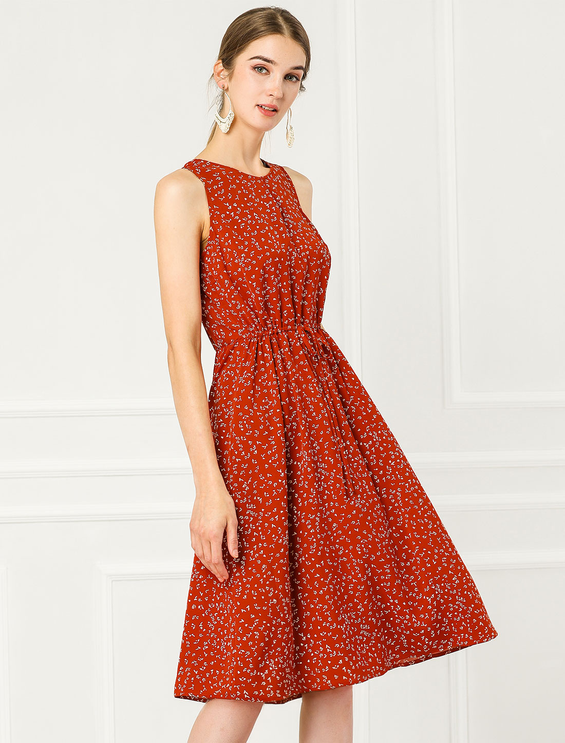 Floral Drawstring Waist Sleeveless A-Line Midi Dress Sundress Red/M