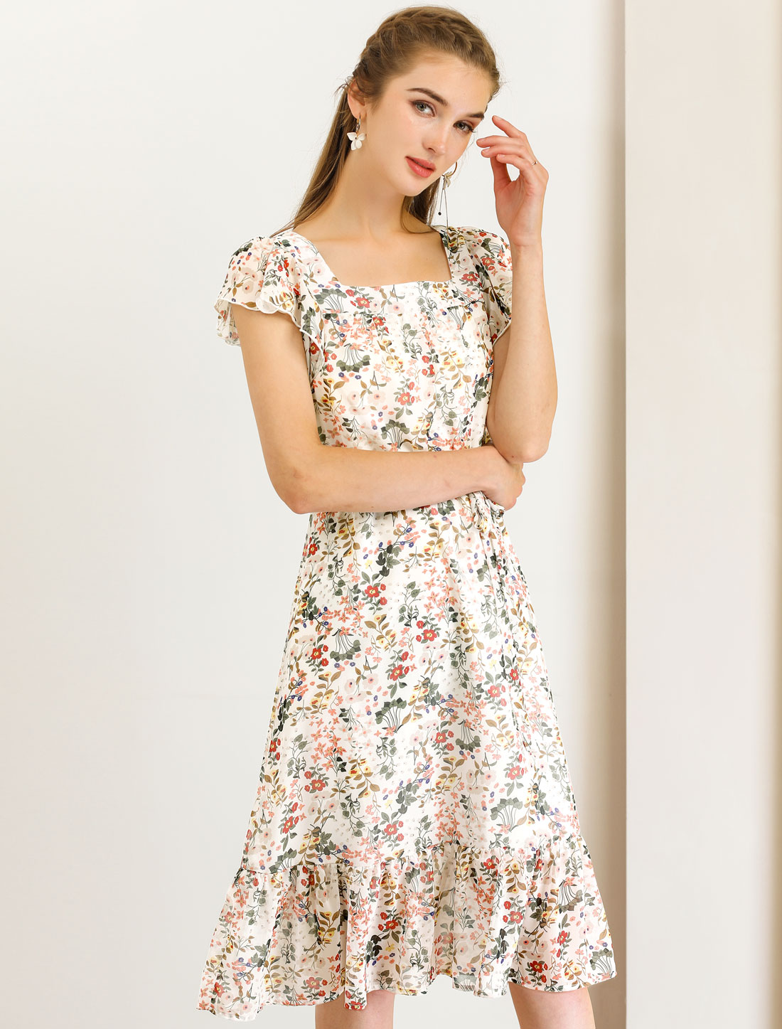 Floral Chiffon Flutter Sleeve Belted Square Neck Ruffled Hem Dress White/M