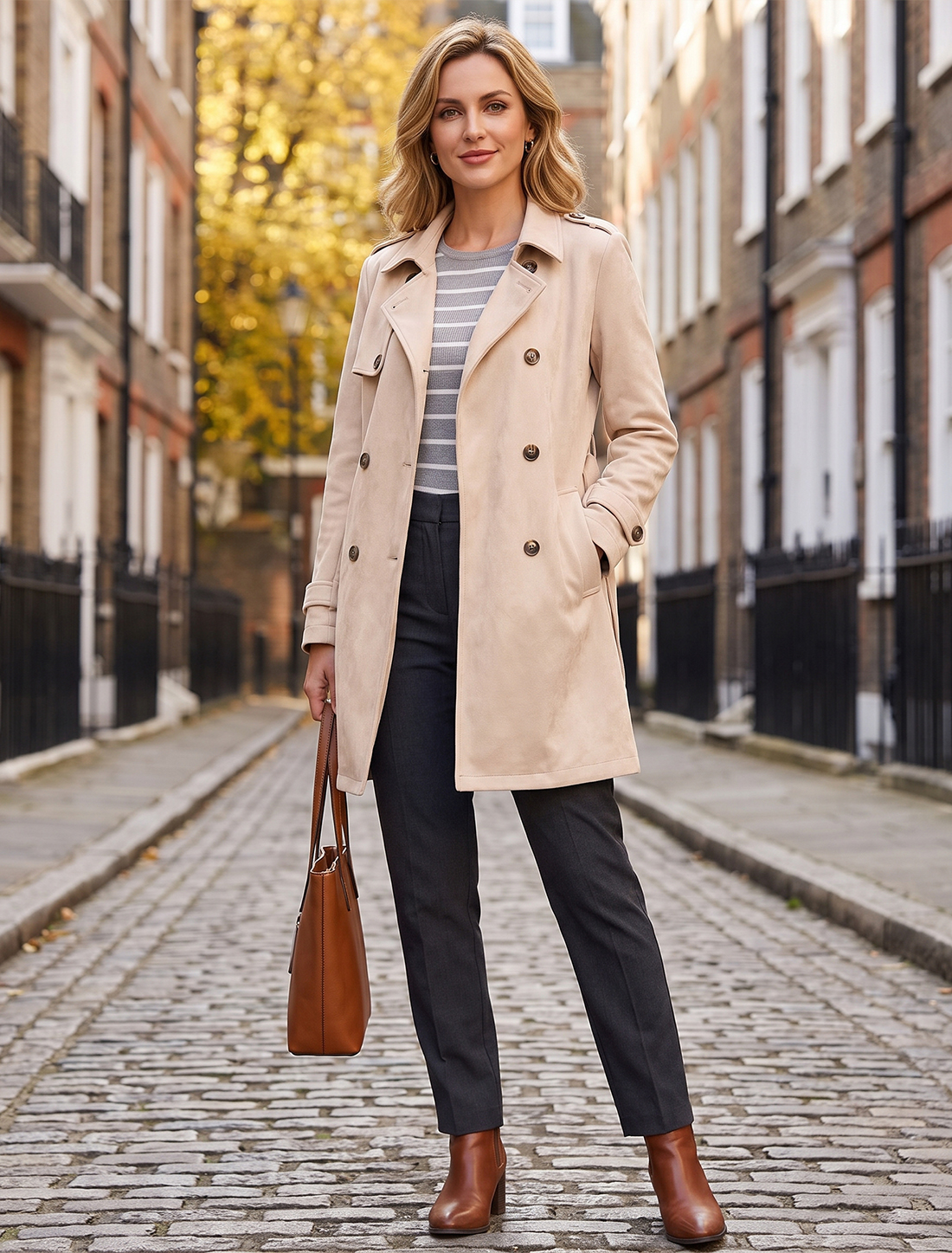 Notched Lapel Double Breasted Faux Suede Trench Coat Jacket with Belt Apricot/L