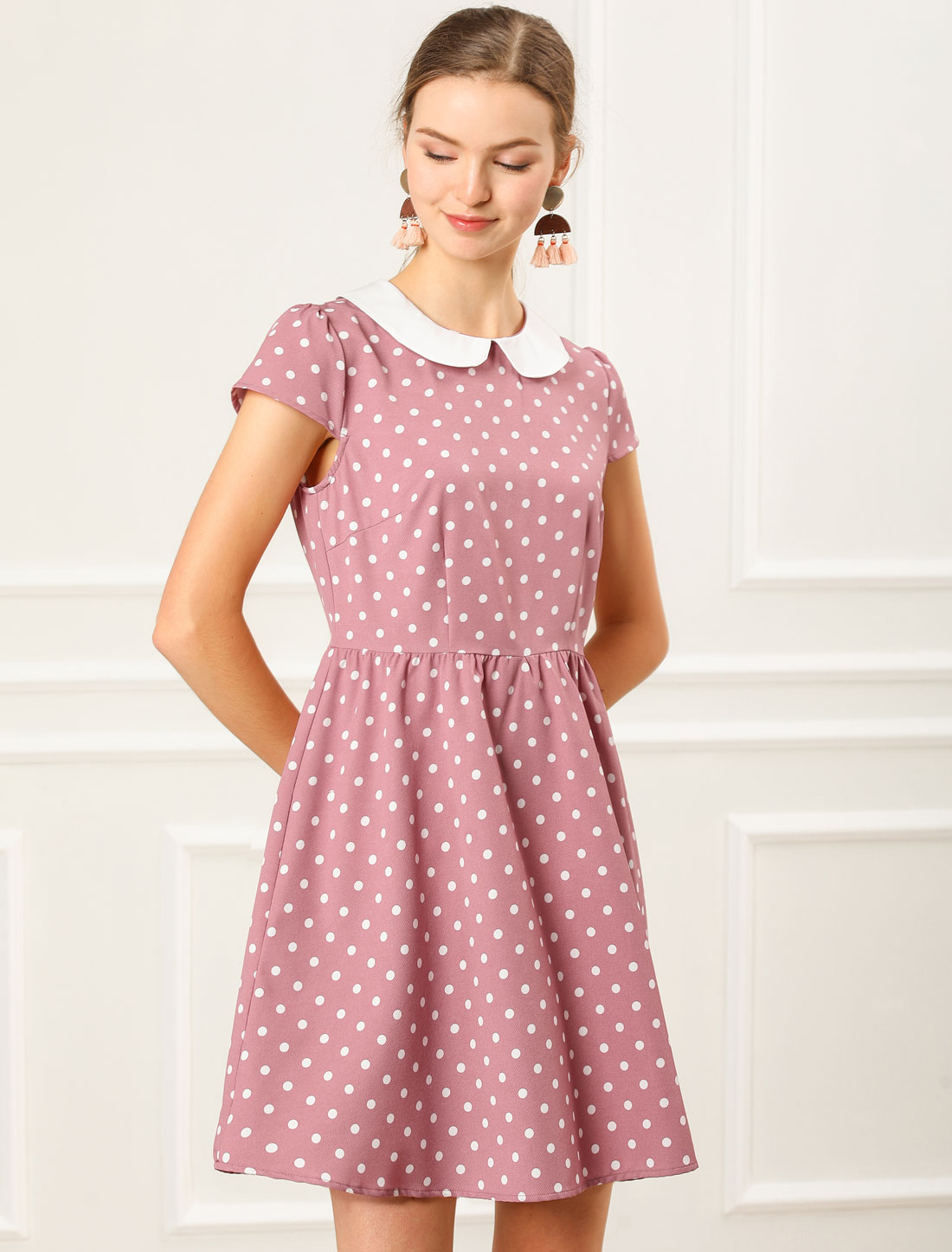 Peter Pan Collar Short Sleeve Contrast A-Line Polka Dots Dress Pink/XL