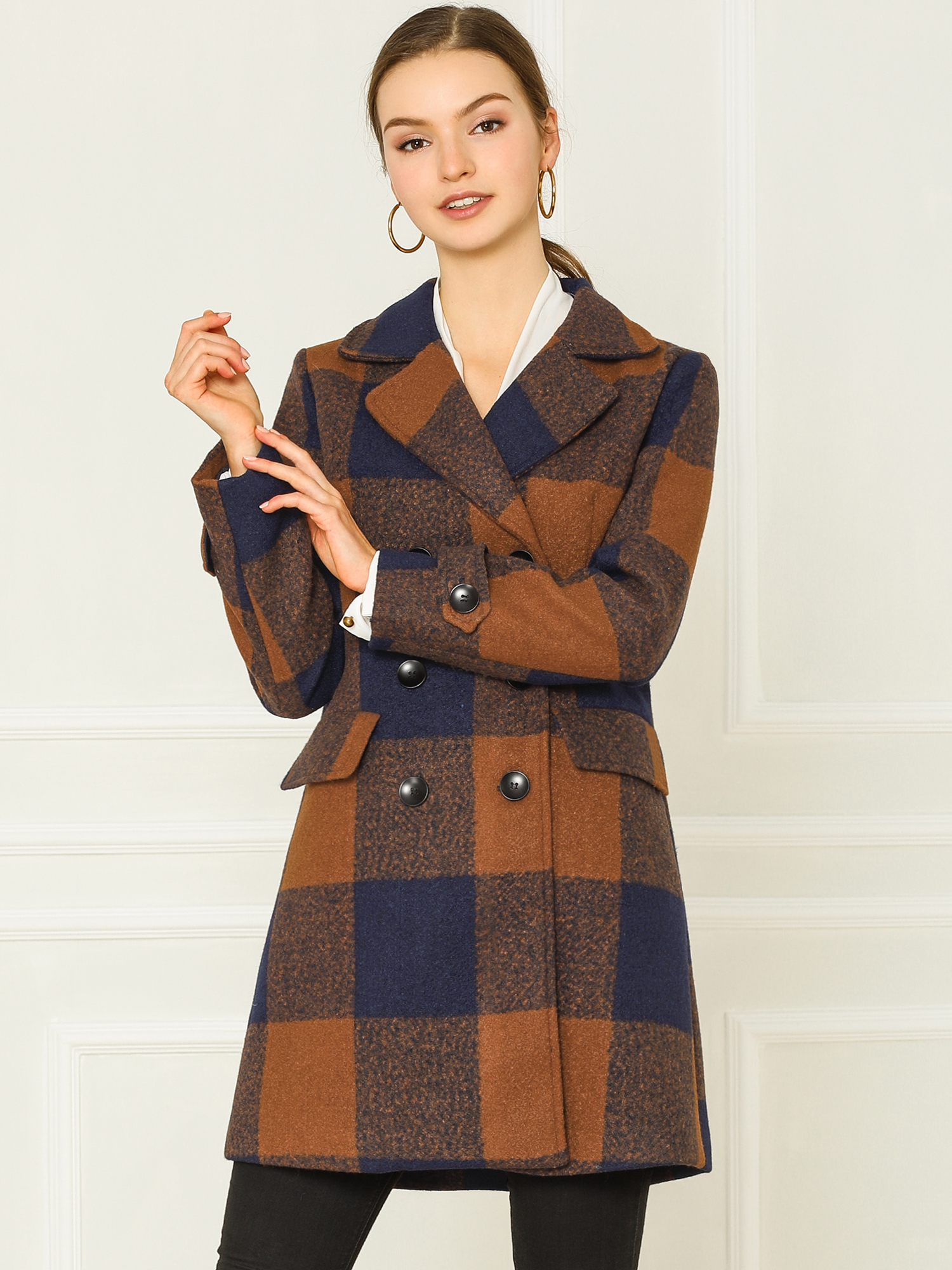 Buffalo Checks Double Breasted Notched Lapel Plaid Trench Pea Coat Brown/XS