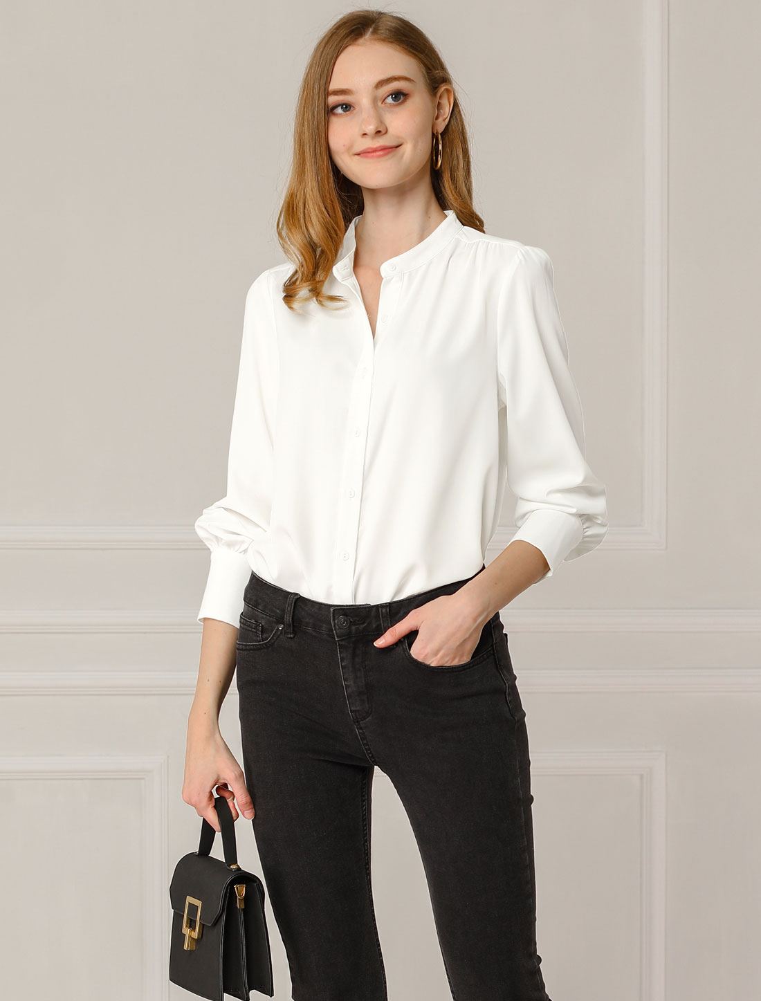 Mandarin Collar Long Sleeve Button Down Office Shirt White/XS