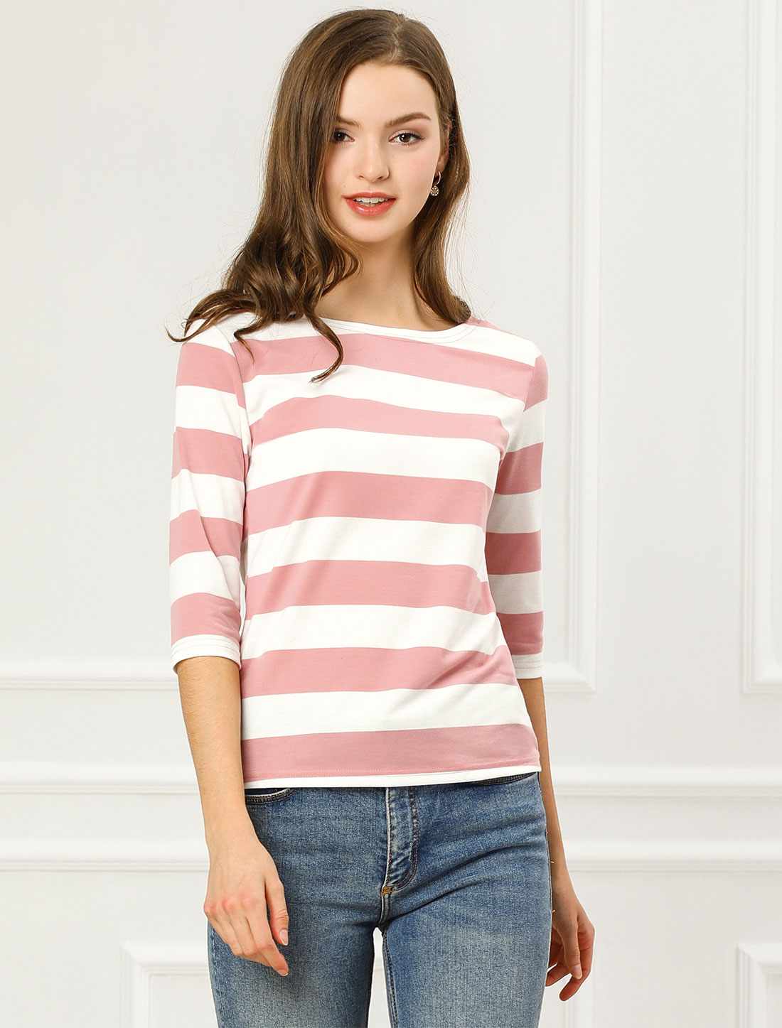 Striped 3/4 Sleeve Casual Basic Boat Neck T-shirt Pink White/L