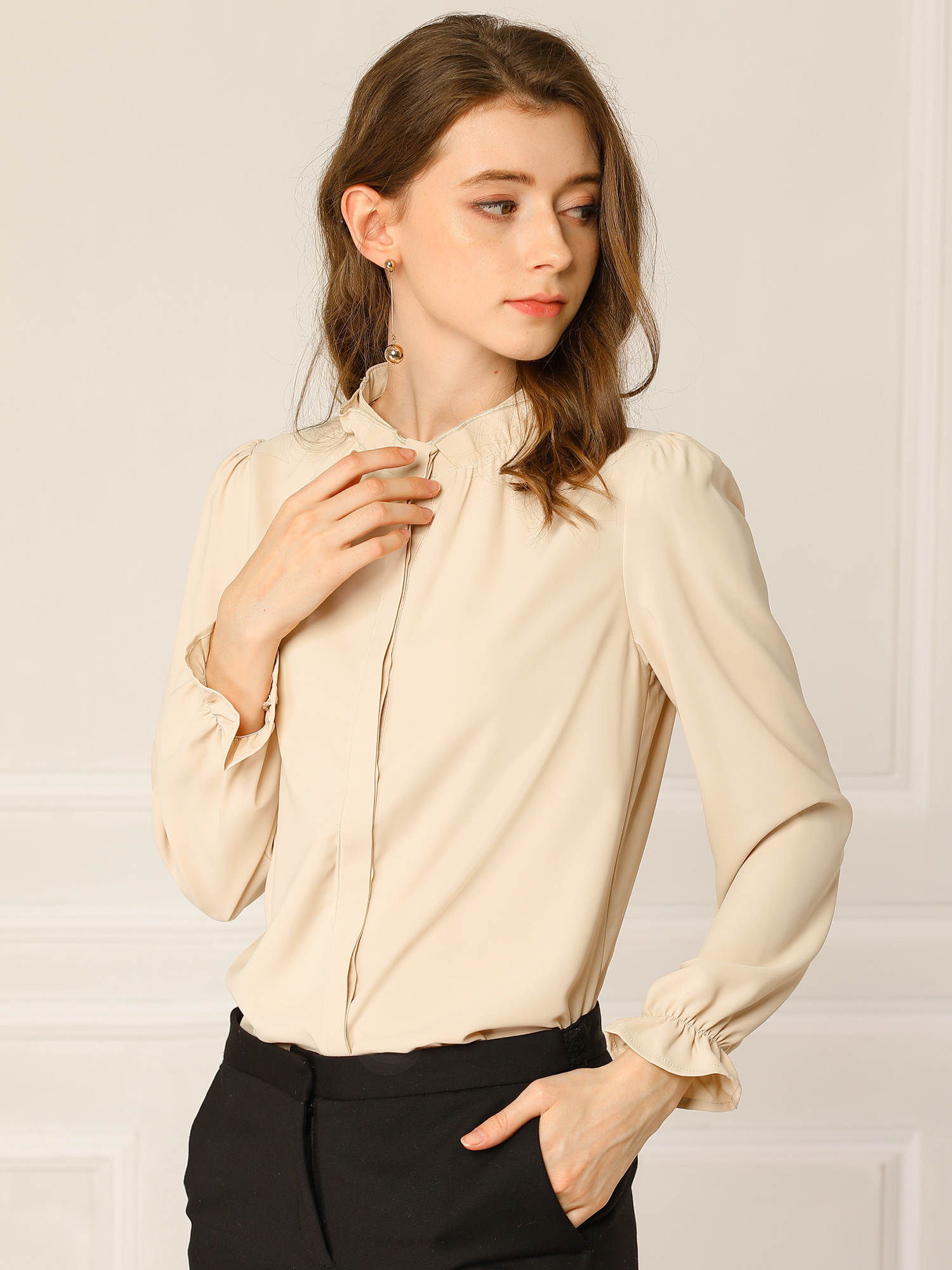 Work Office Blouse Button Up Ruffle Collar Long Sleeve Chiffon Shirt Apricot/XL