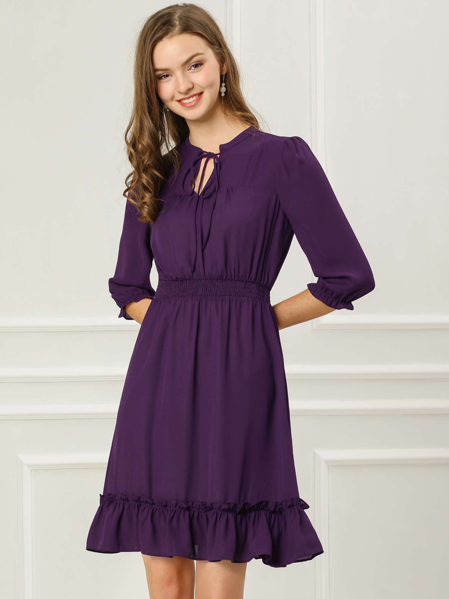 Ruffle Hem 3/4 Sleeve A-Line Smocked Midi Chiffon Dress Purple/S
