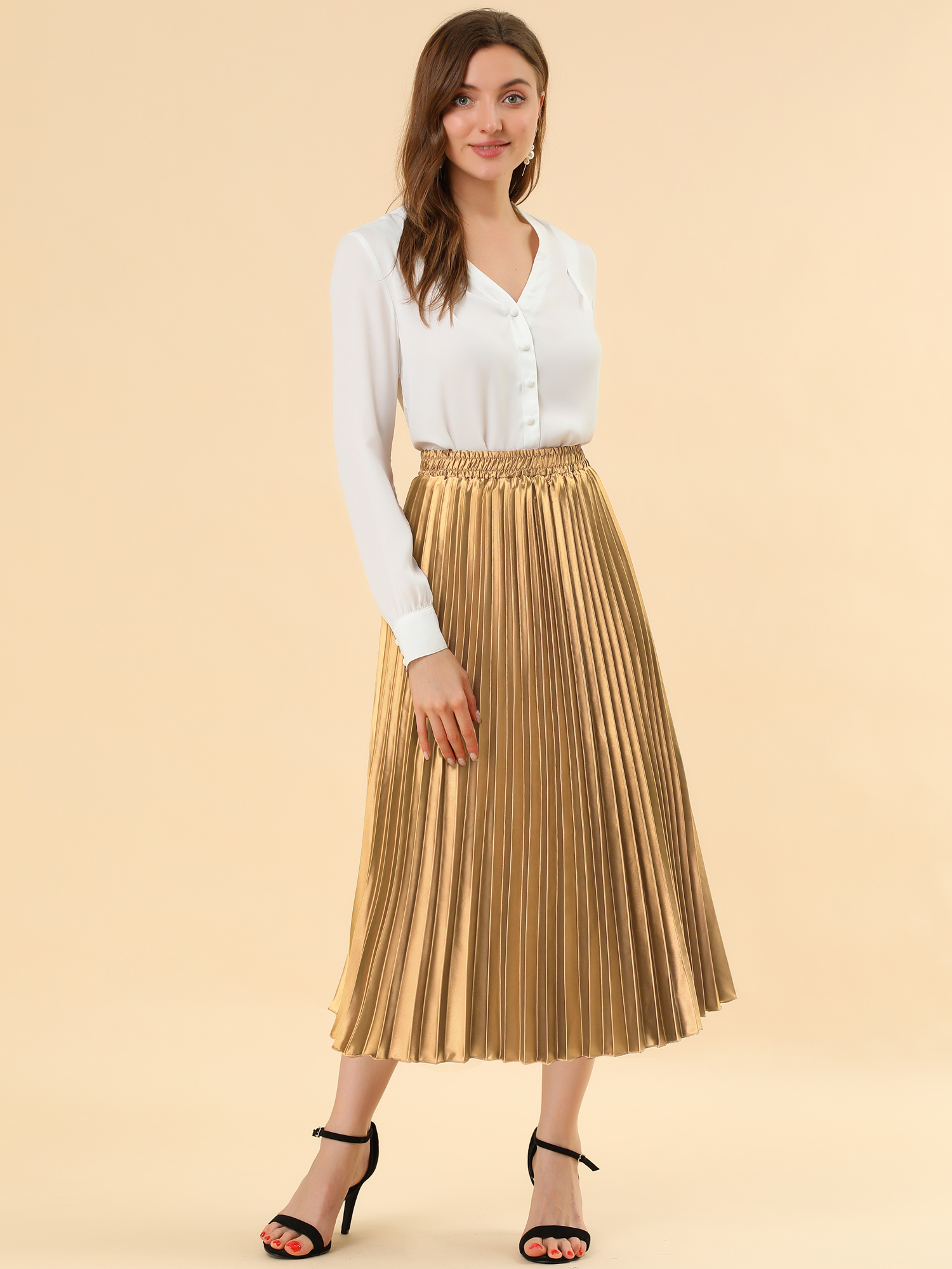 Elastic Waist Metallic Shiny Accordion Pleated Midi Skirt Gold/M