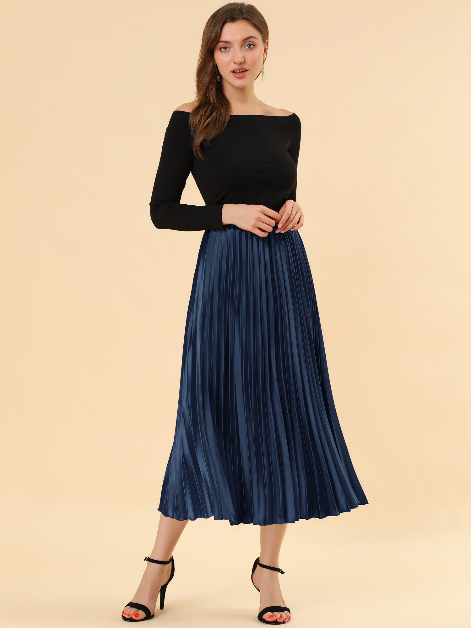 Elastic Waist Metallic Shiny Accordion Pleated Midi Skirt Dark Blue/XL