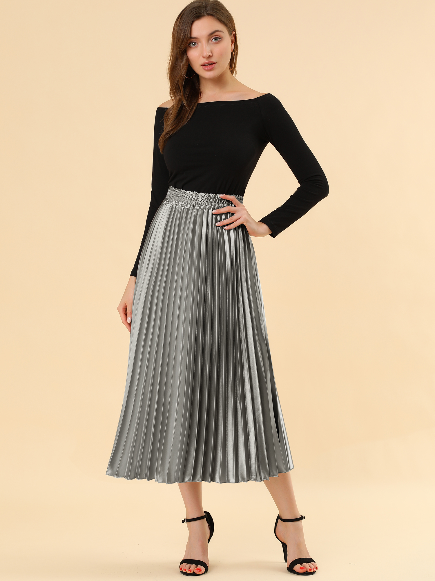 Party Elastic Waist Metallic Shiny Pleated Midi Skirt Silver Grey/M