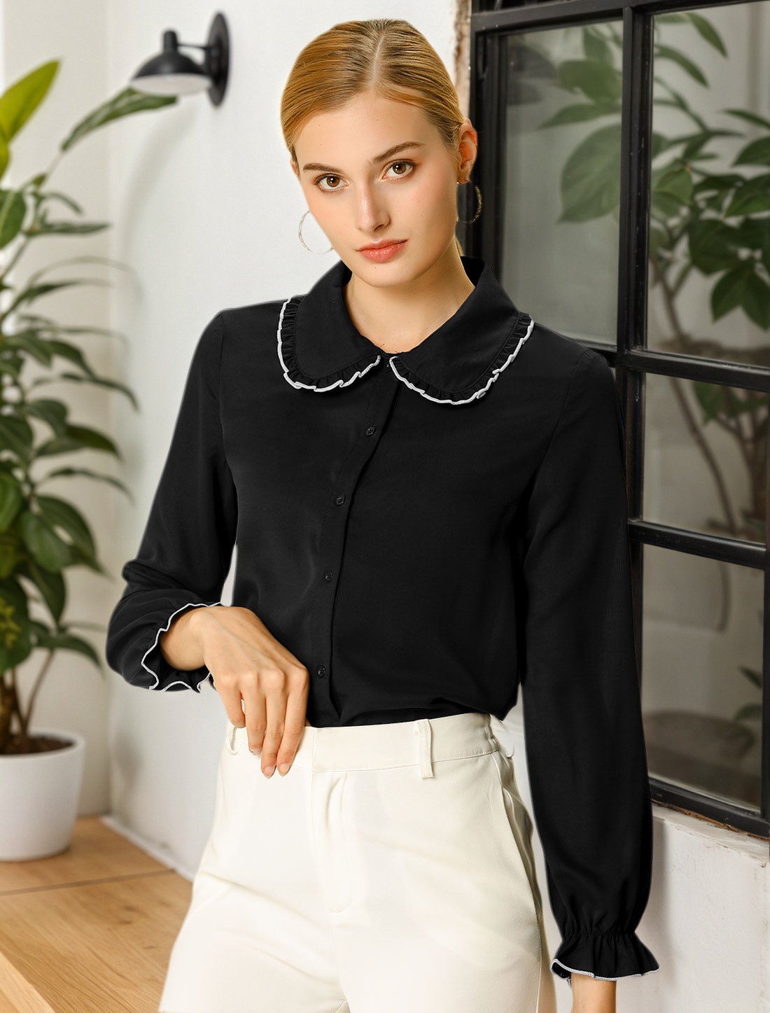 Sweet Ruffle Peter Pan Collar Long Sleeve Button Up Shirt Black/L