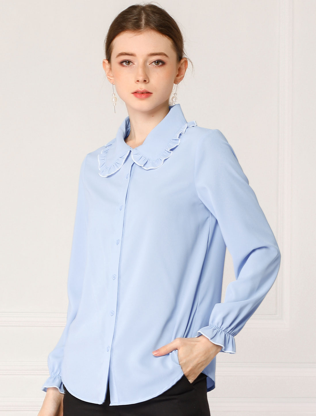 Sweet Ruffle Peter Pan Collar Long Sleeve Button Up Shirt Light Blue/L