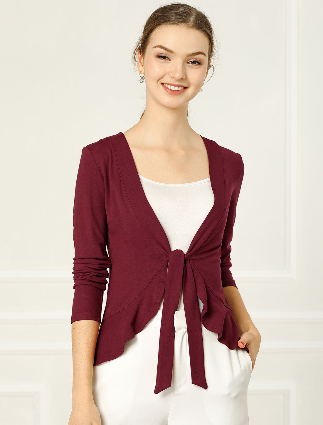 Women's Tie Front Knit Ruffled Long Sleeve Open Cardigan Burgundy/XL