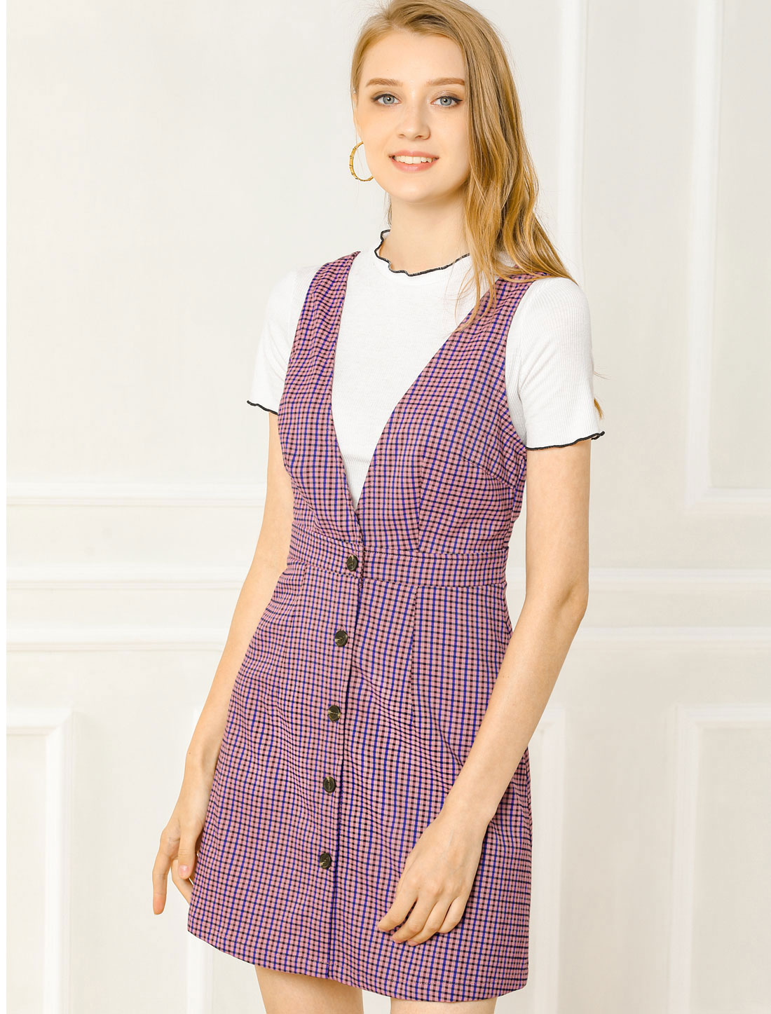 Overalls Suspenders V Neck Plaid Houndstooth Pinafore Dress Pink/XS