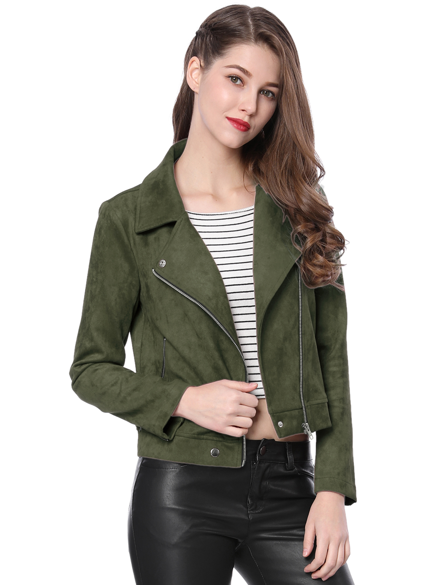 Casual Short Soft Zip Up Faux Suede Biker Moto Jacket Olive Green/XL