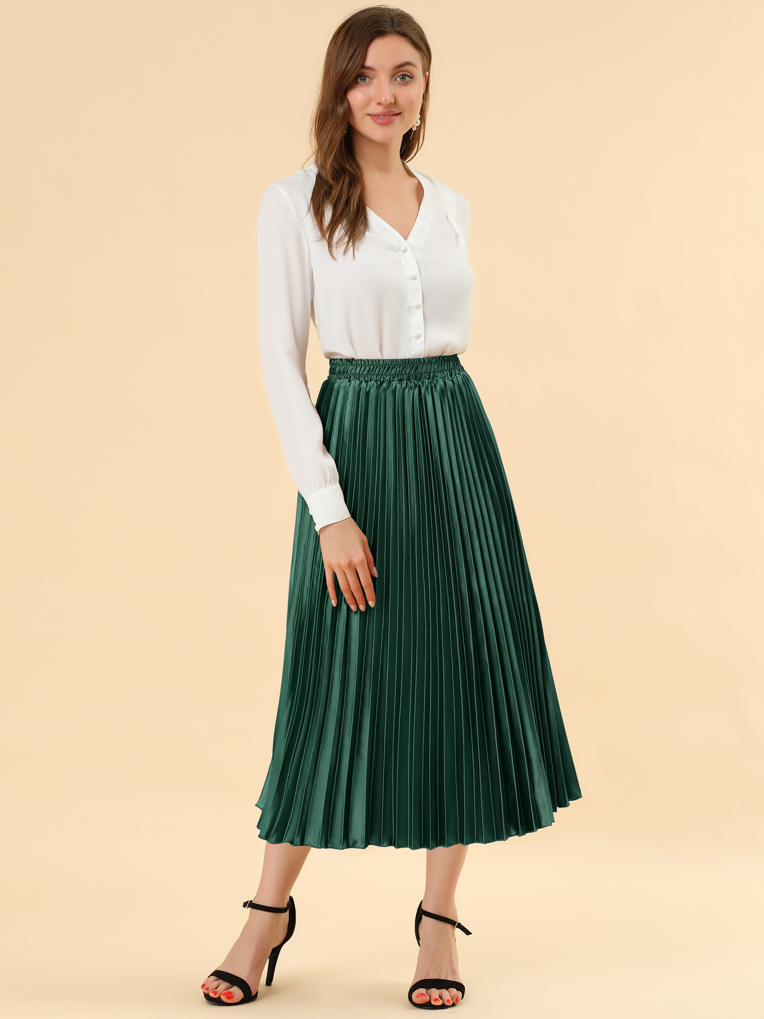 Party Elastic Waist Metallic Shiny Pleated Midi Skirt Drak Green/XS