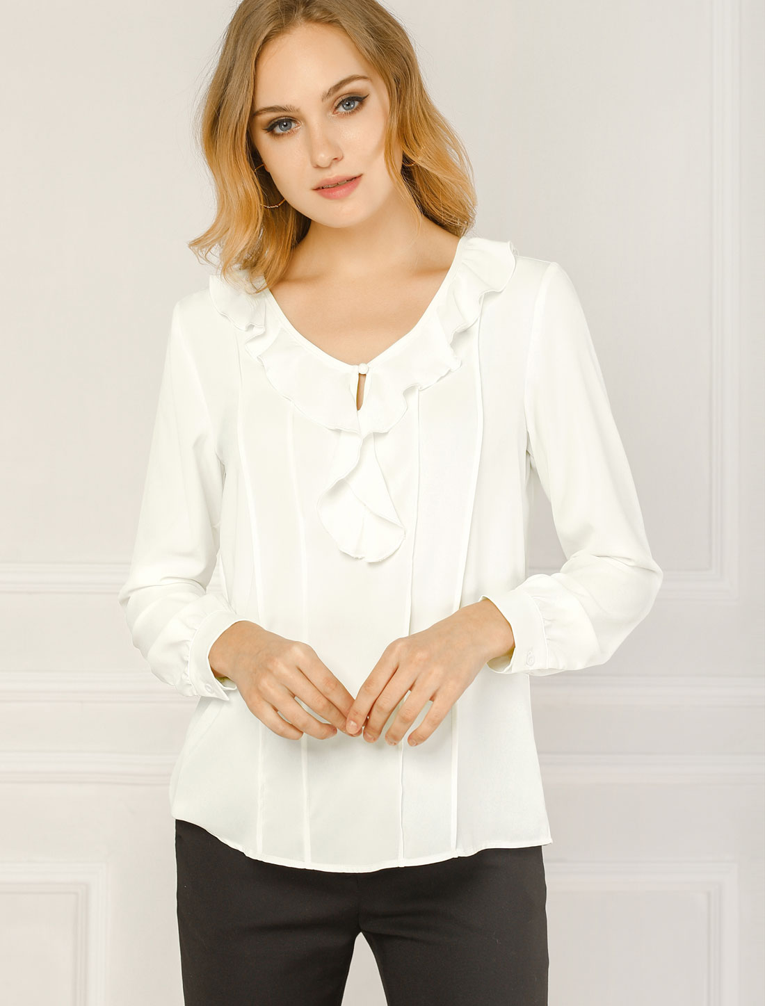 Ruffle Neck Pleated Business Casual Henley Button Up Peasant Blouse White/M