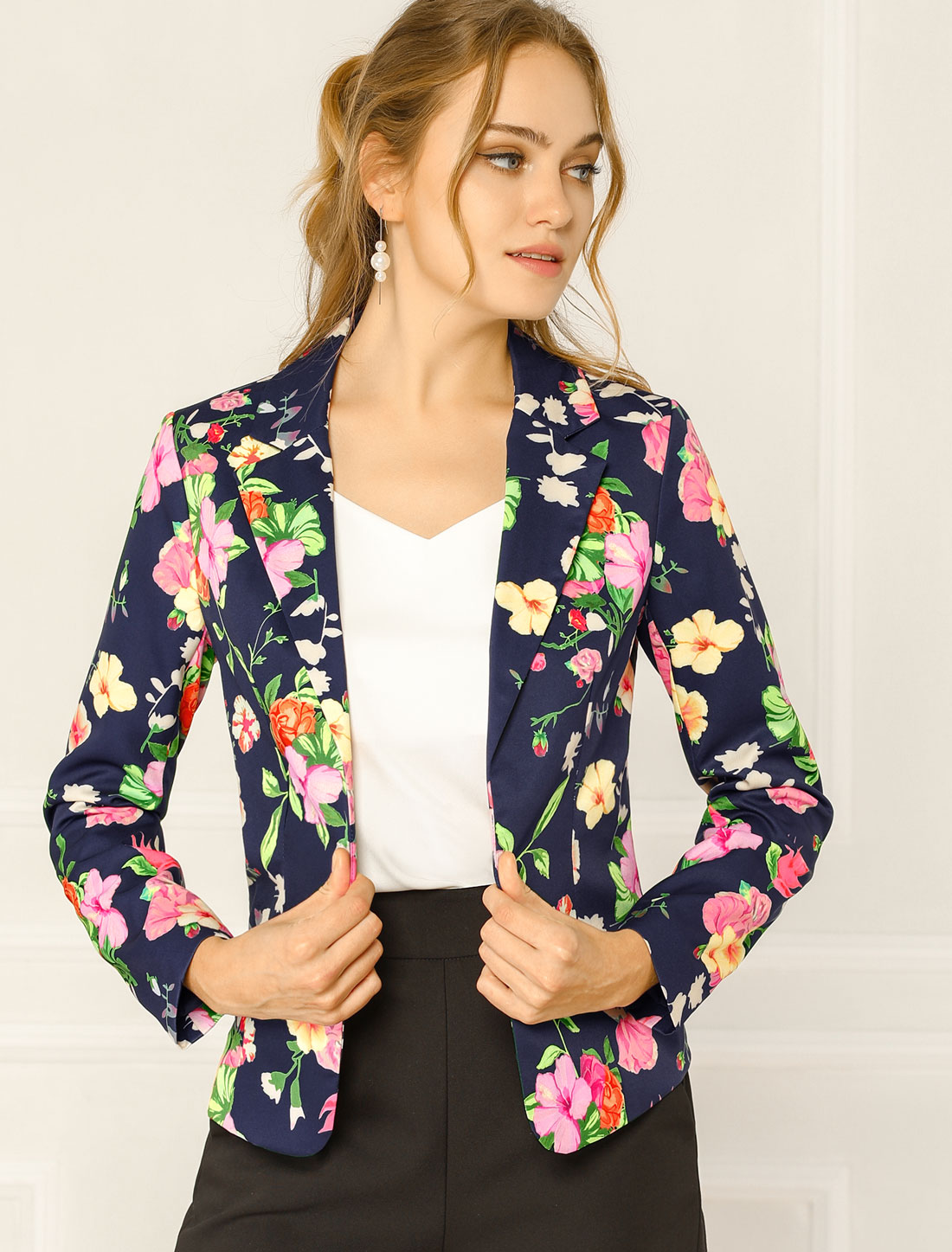 Open Front Notch Lapel Floral Business Casual Suit Blazer Navy Blue-Floral/S