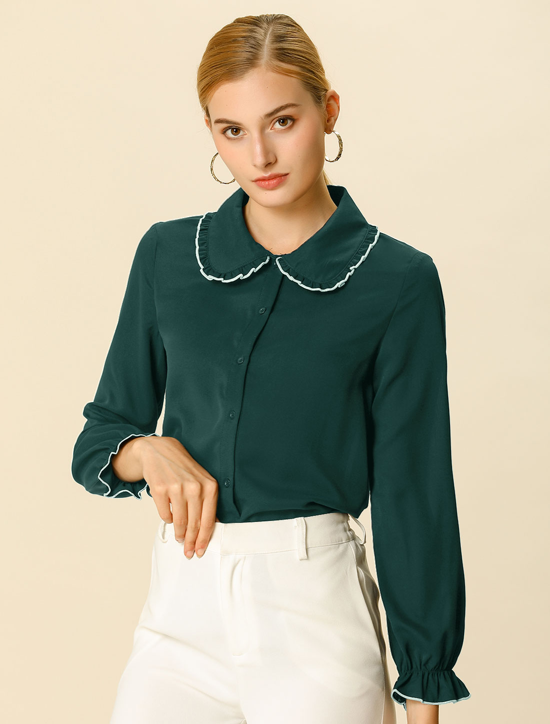 Sweet Ruffle Peter Pan Collar Long Sleeve Button Up Shirt Blackish Green/L