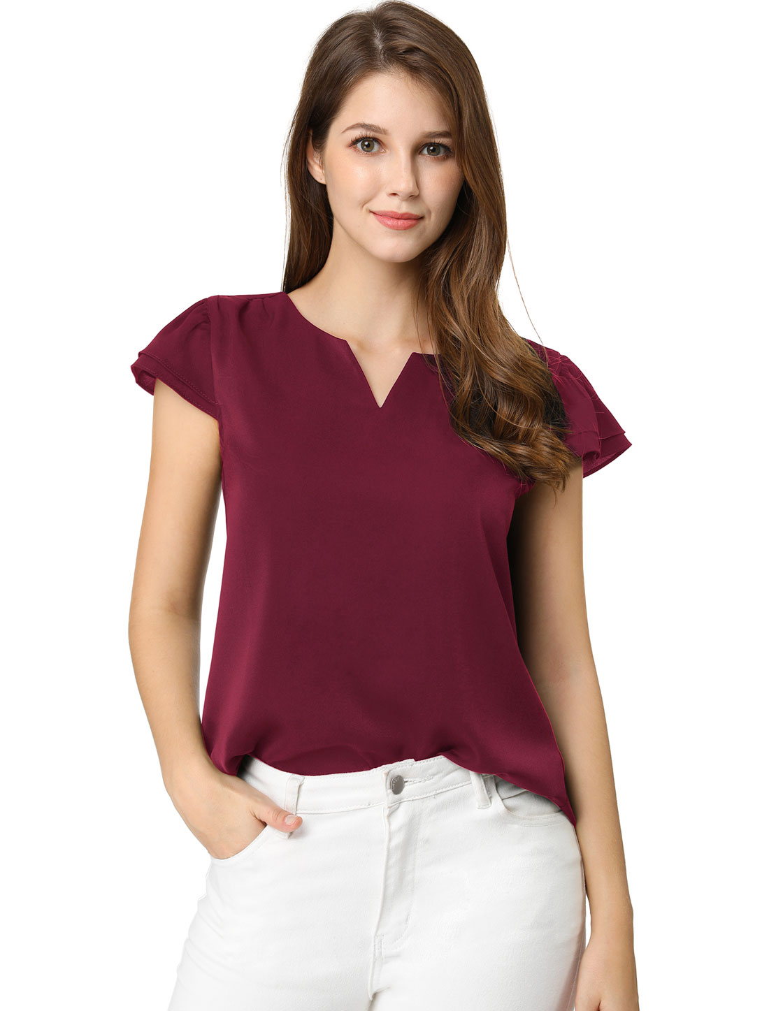 Work Business Casual Plain Cap Sleeve Blouse Top Burgundy/M